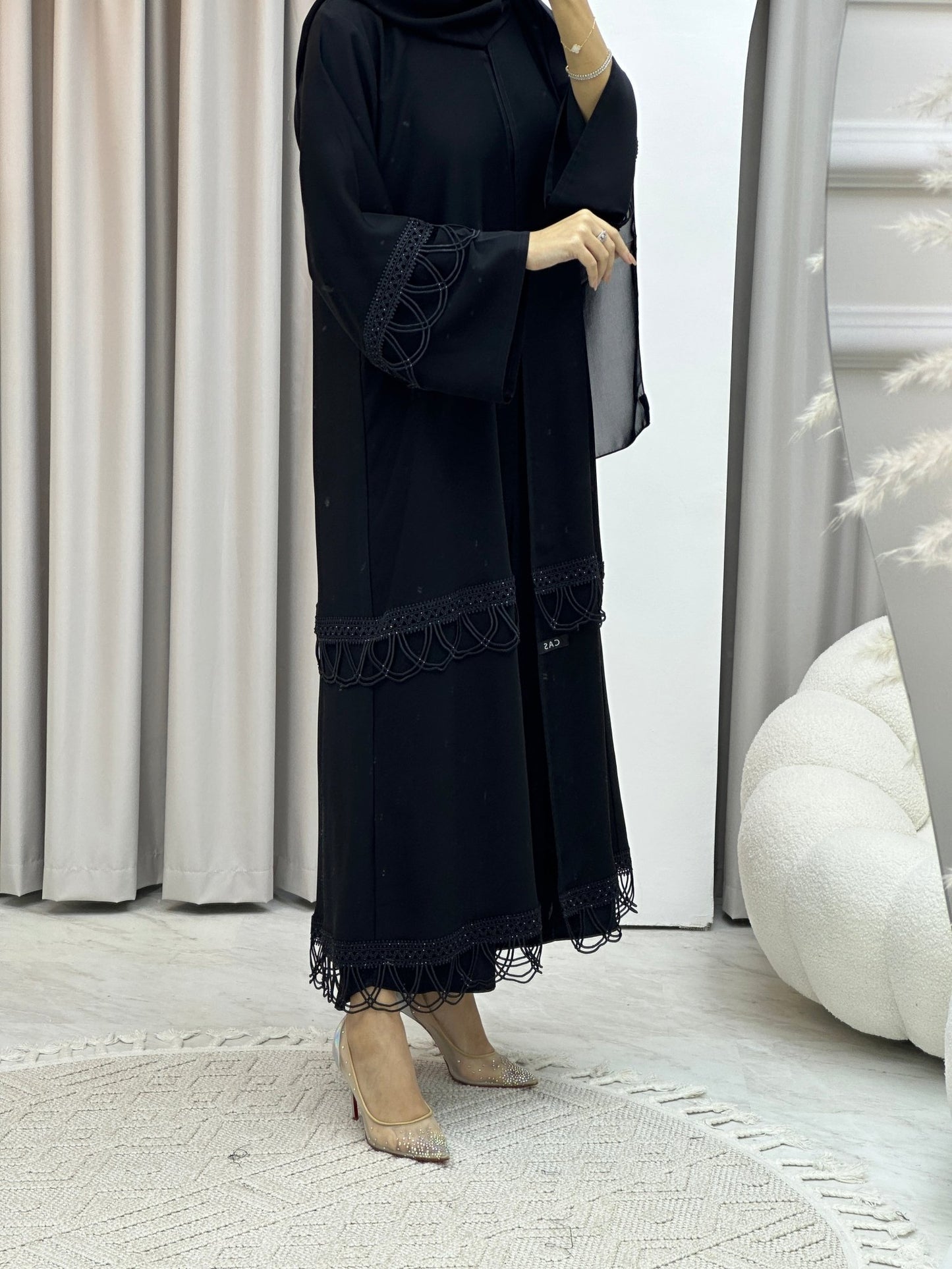 C RTW Black Scallops Lace Abaya Set