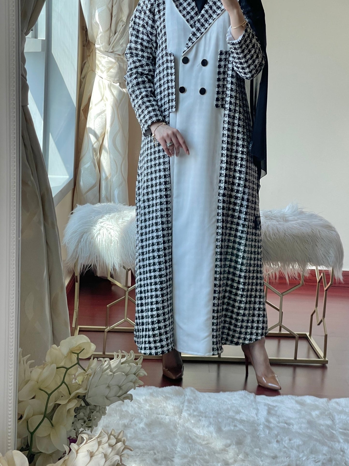 C - RTW - Black - White - Tweed - Abaya - 2023