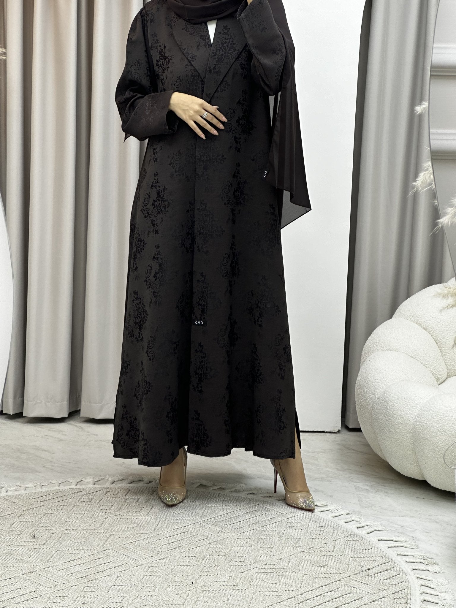 C RTW Brown Floral Print Coat Abaya Set