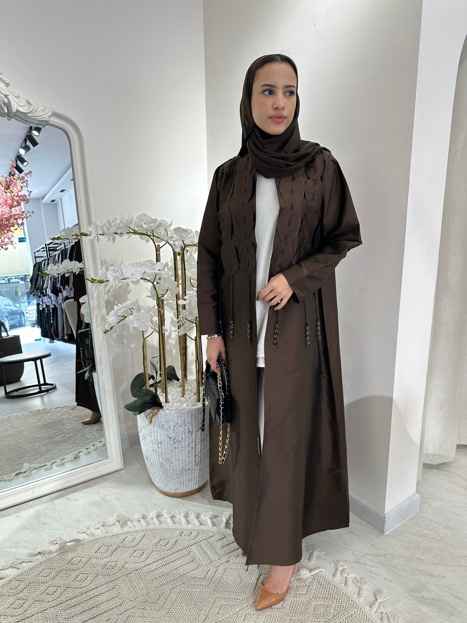 C RTW Brown Tafetta Tassel Eid Abaya