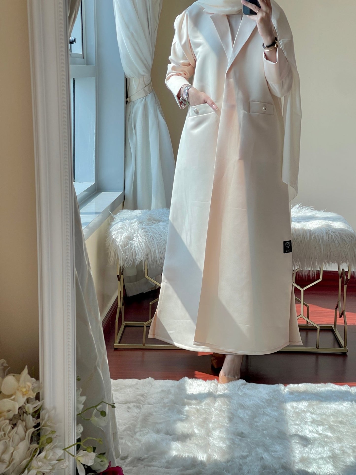 C - RTW - Cream - Satin - Coat - Abaya - Set