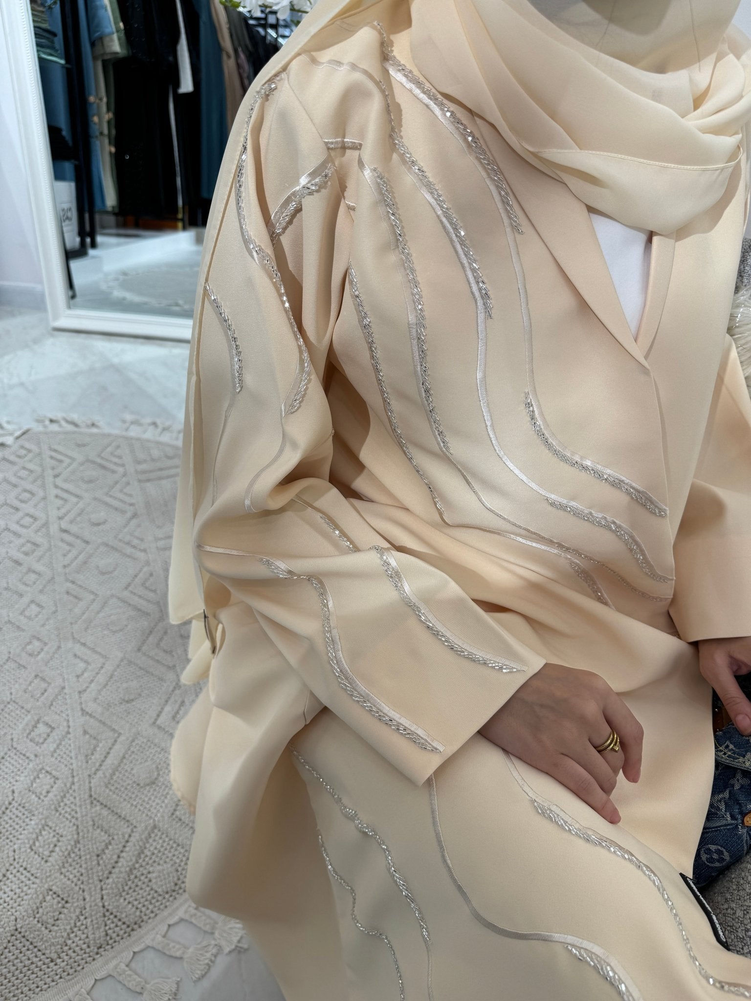 C RTW Cream Wave Embroidery Abaya