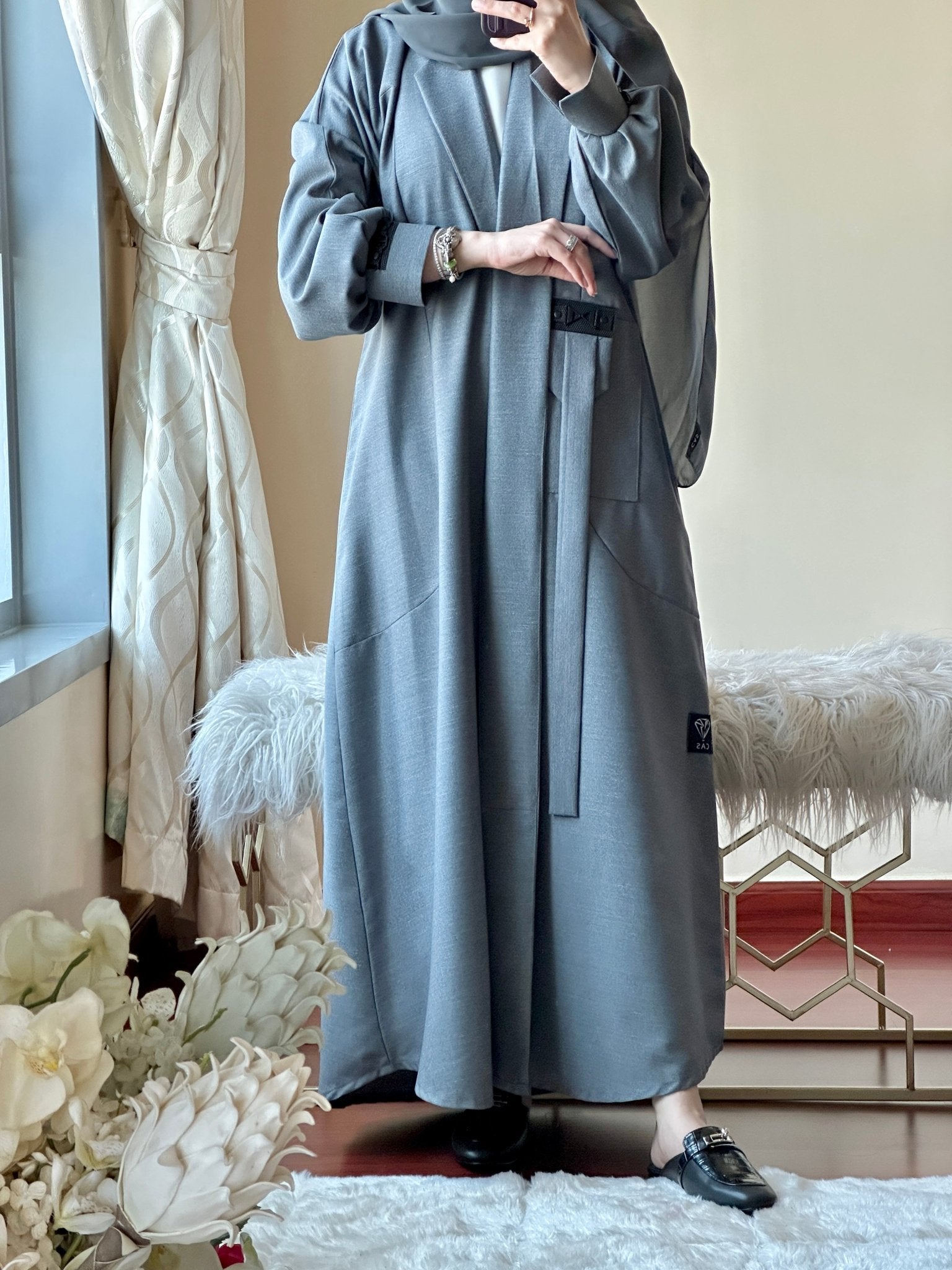 C RTW Dark Grey Linen Coat Abaya Set