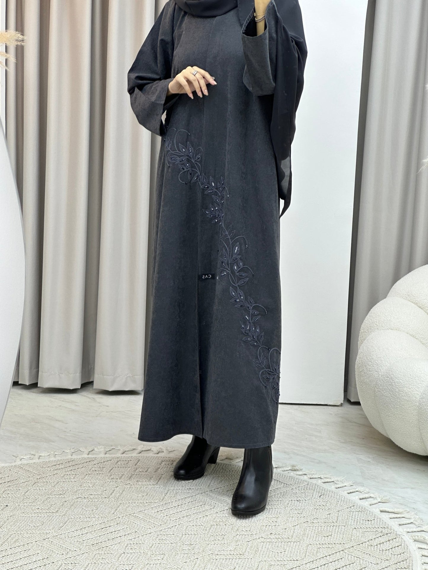 C RTW Grey Embroidery Suede Abaya