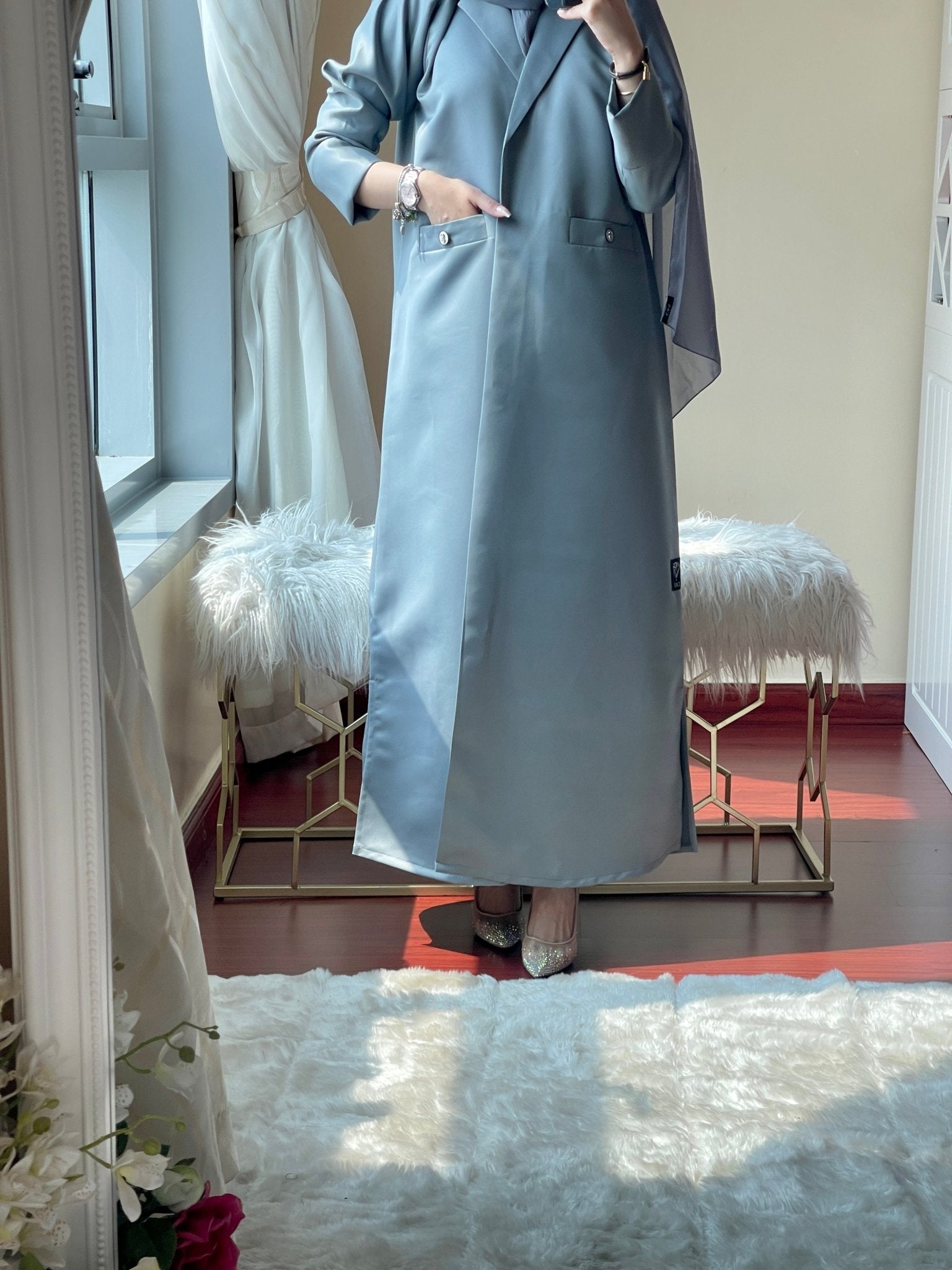 C - RTW - Grey - Satin - Coat - Abaya - Set