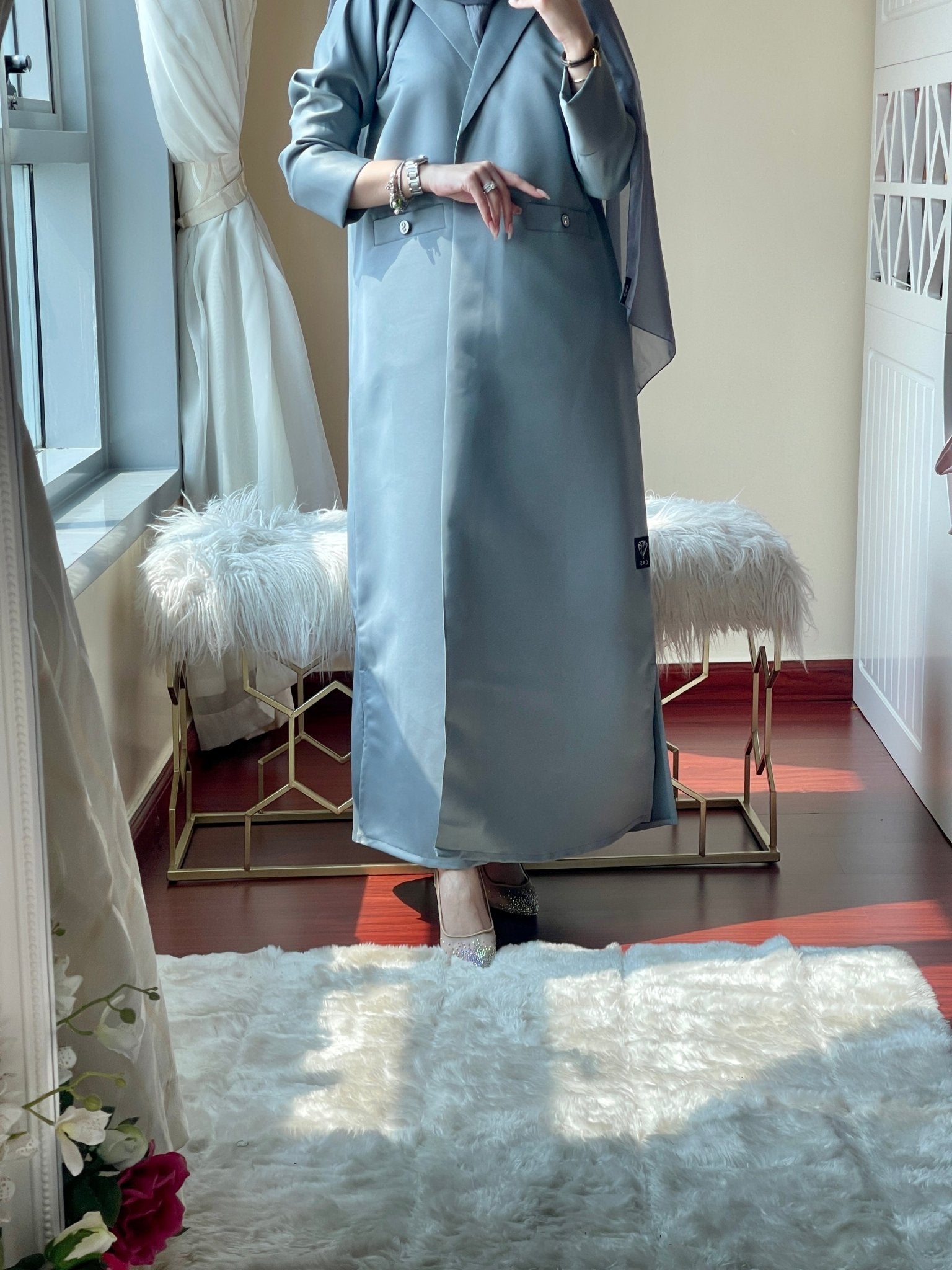 C - RTW - Grey - Satin - Coat - Abaya - Set