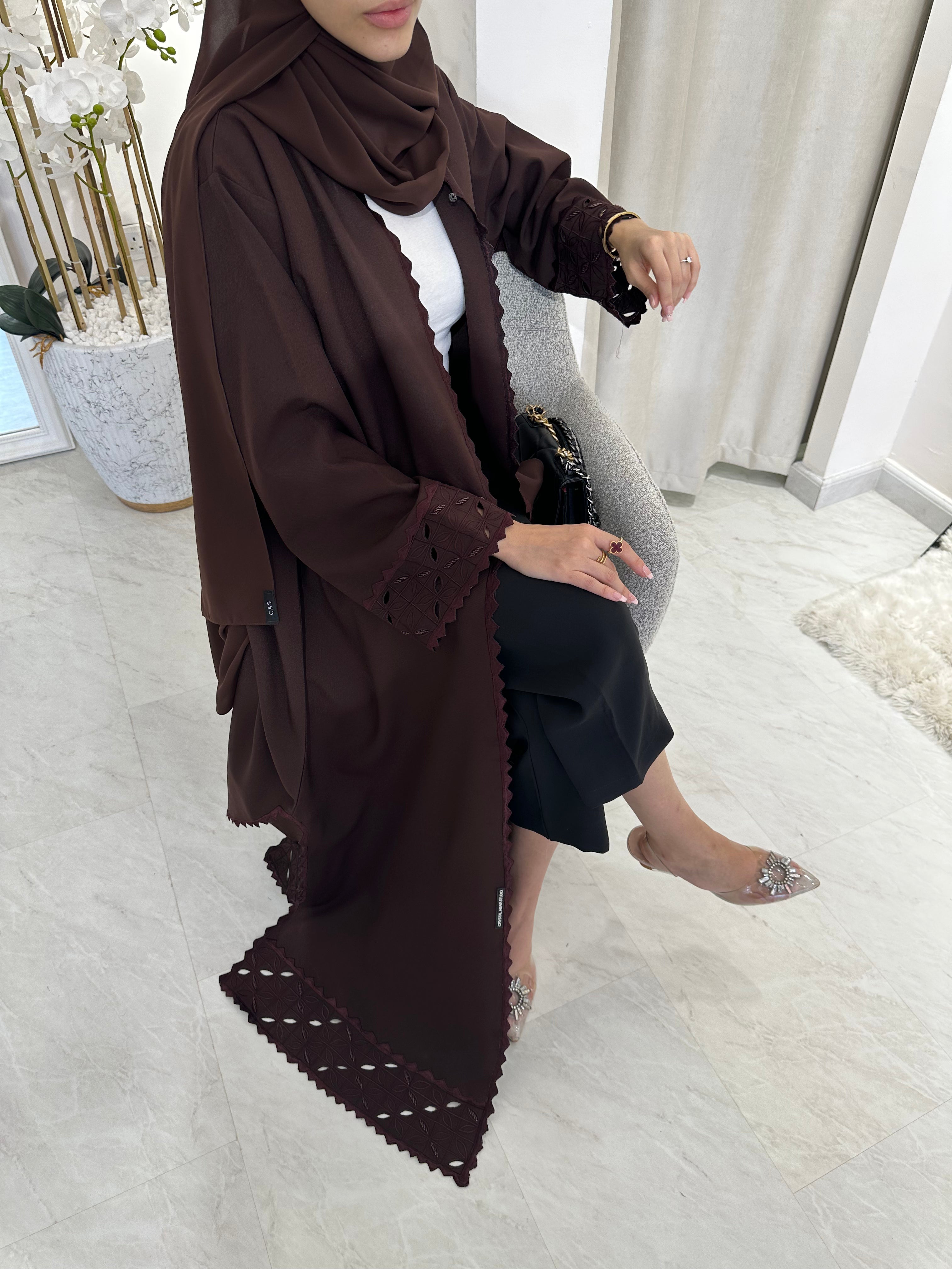 C RTW Lasercut Brown Satin Abaya