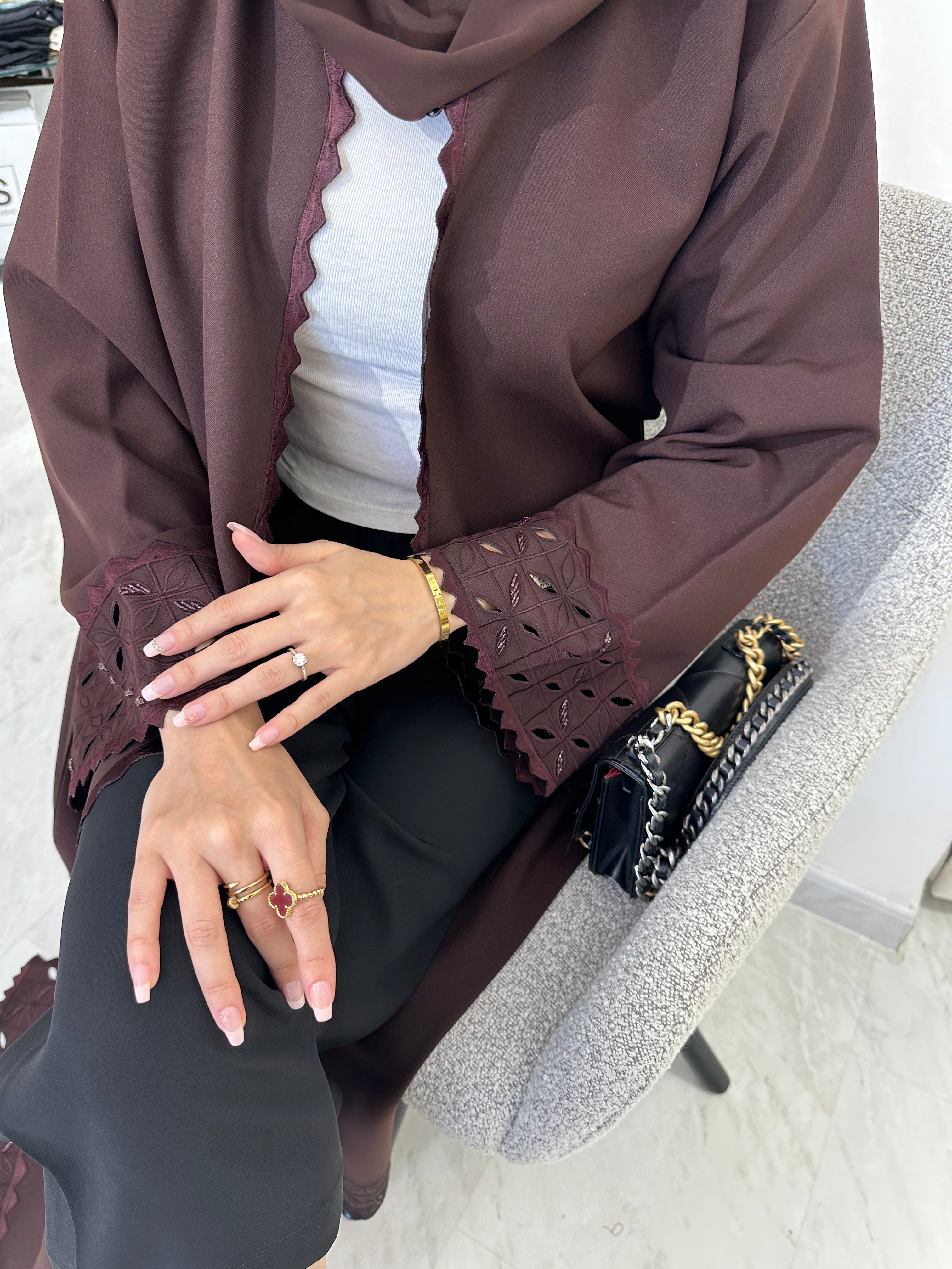 C RTW Lasercut Brown Satin Abaya