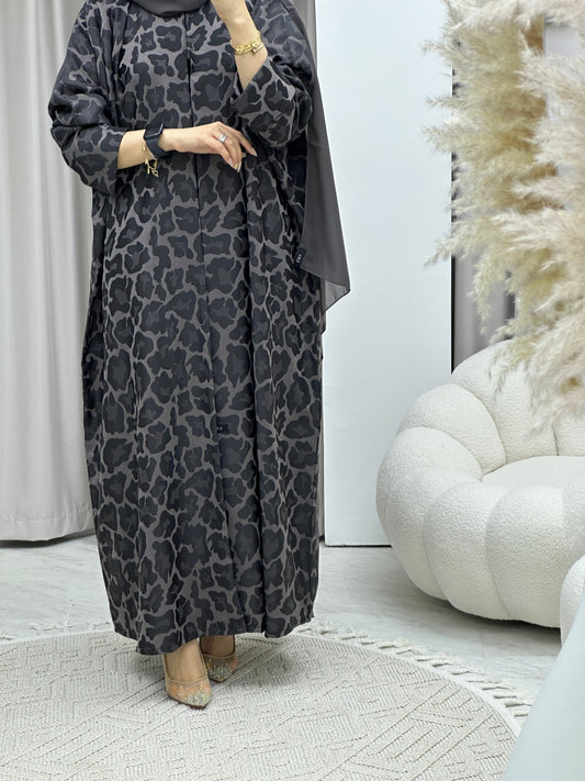 C RTW Leopard Print Grey Winter Abaya