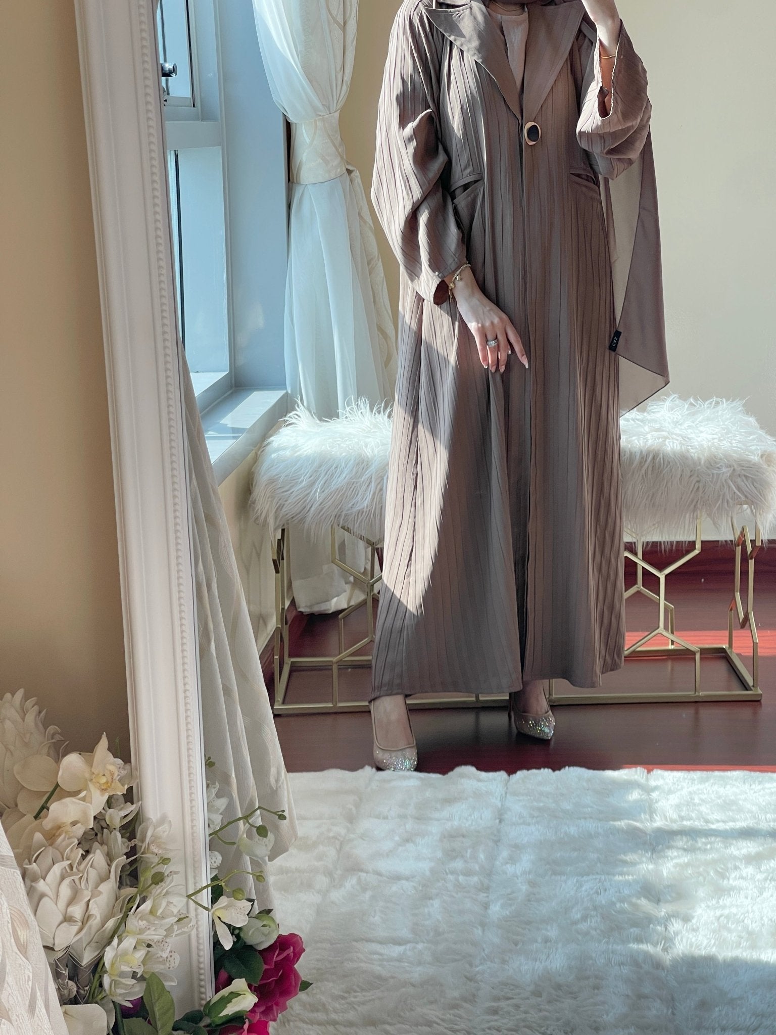 C - RTW - LightBrown - Striped - Coat - Abaya - Set