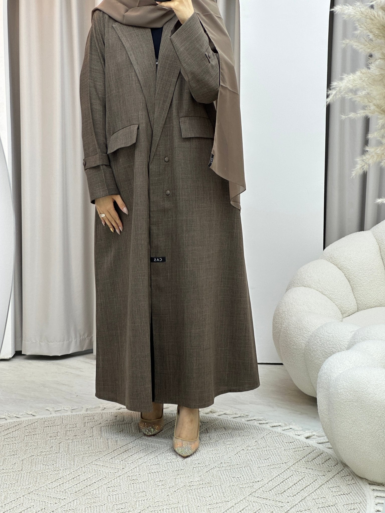 C RTW Linen Brown Winter Coat Abaya