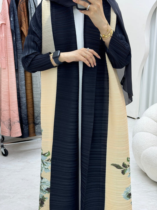 C RTW Navy Blue Cream Pleated Print Abaya