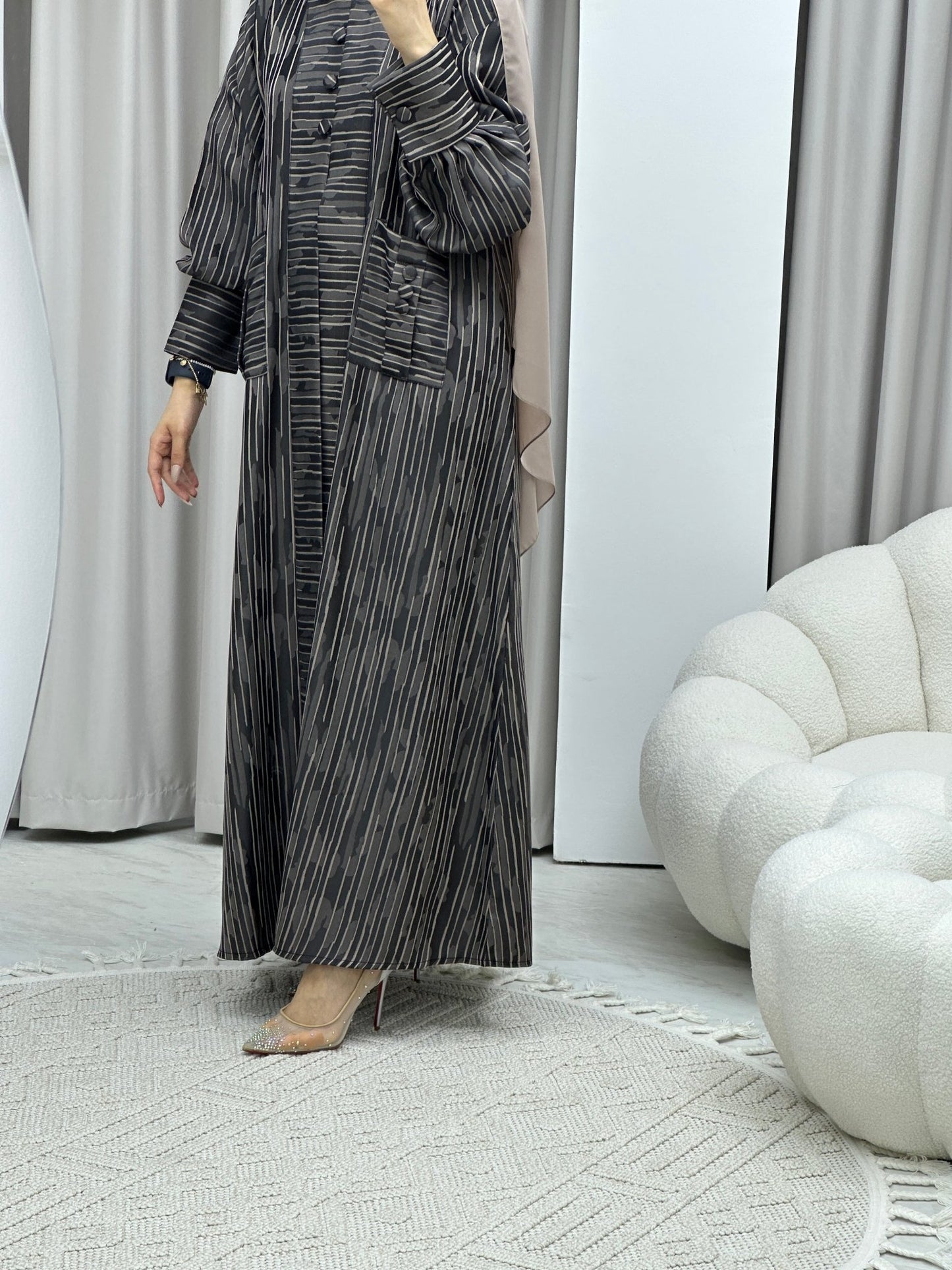 C RTW Stripe Print Beige Abaya