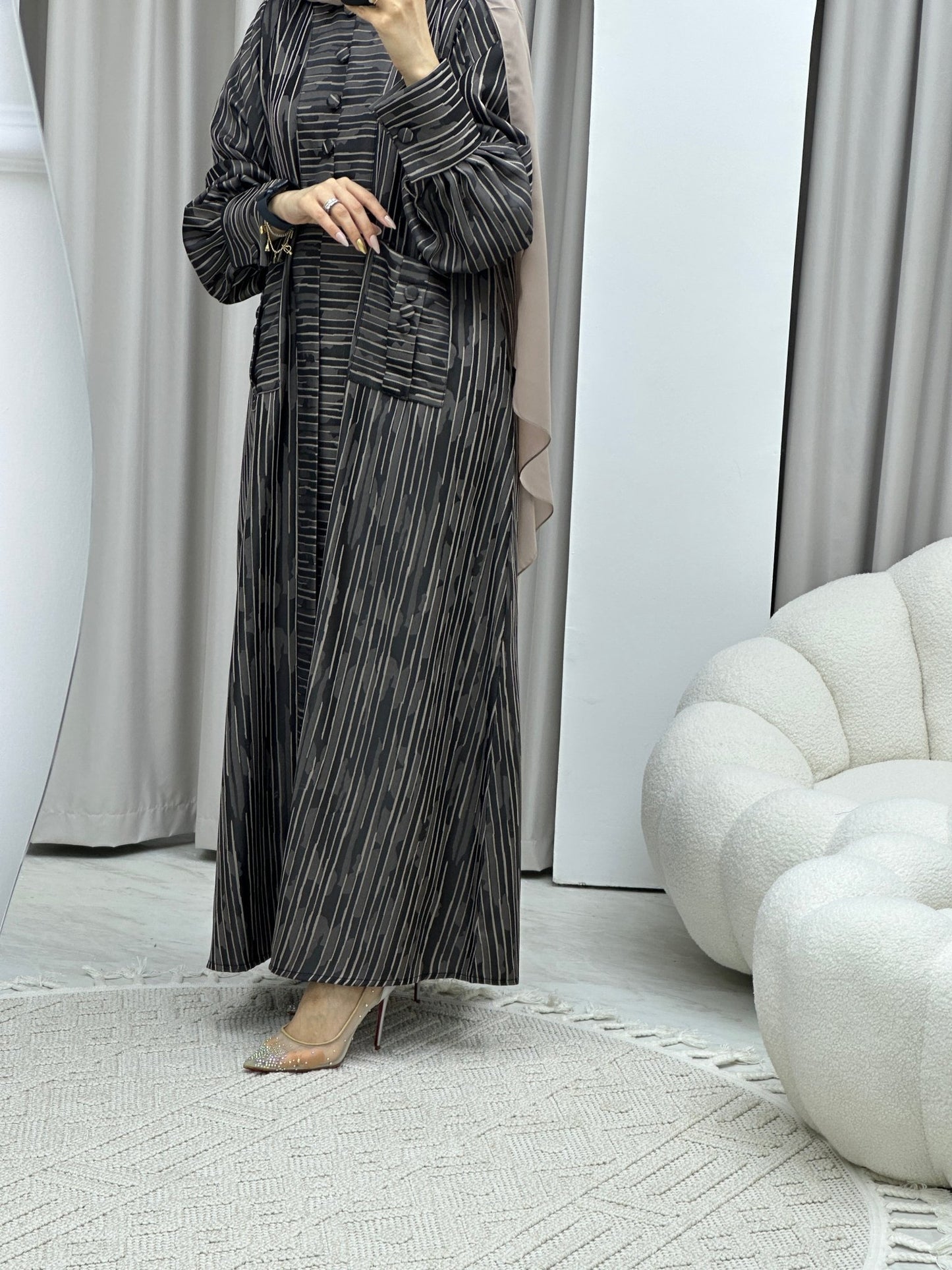 C RTW Stripe Print Beige Abaya