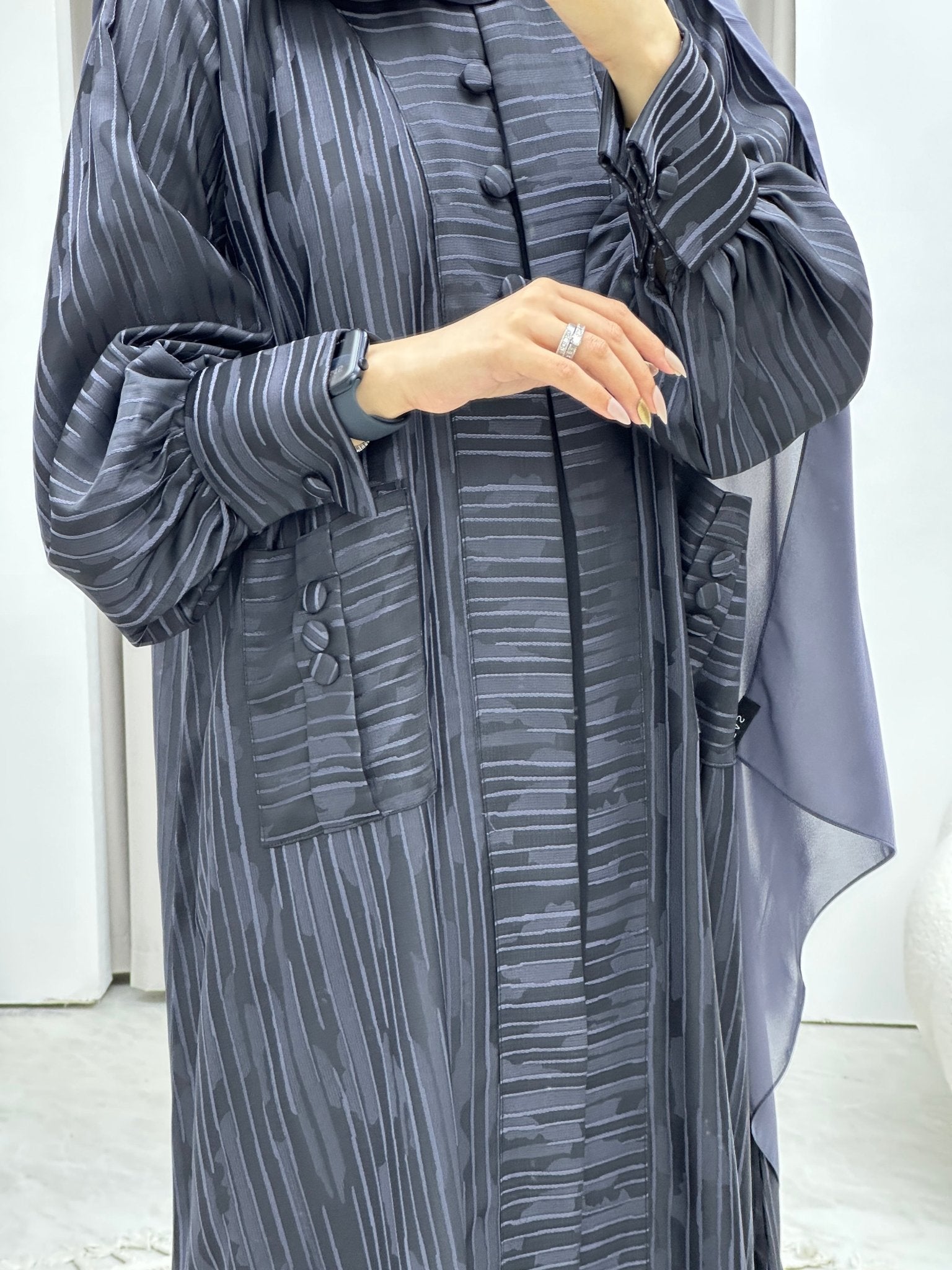 C RTW Stripe Print Blue Abaya