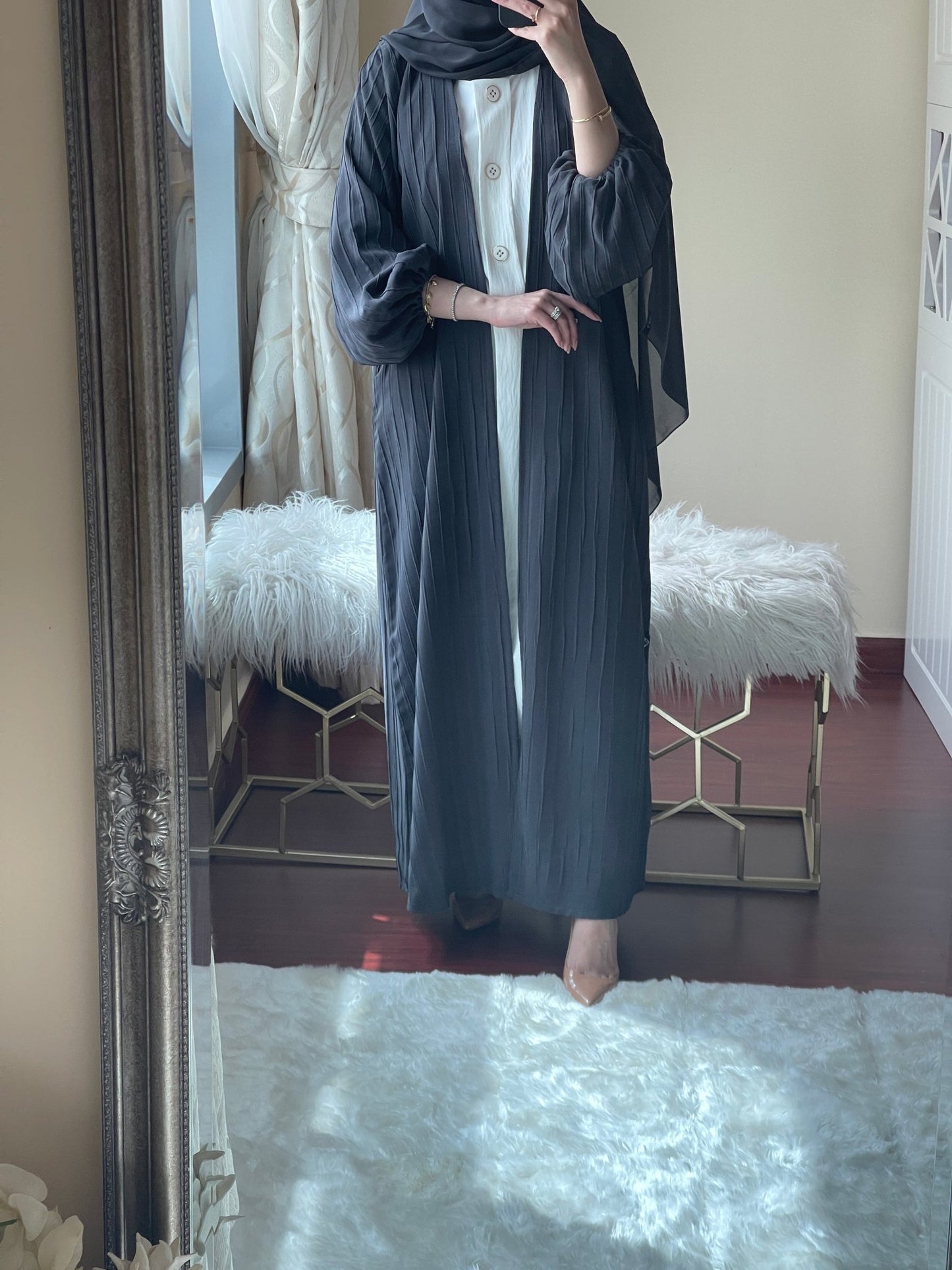 C - RTW - Striped - Grey - Abaya - Set