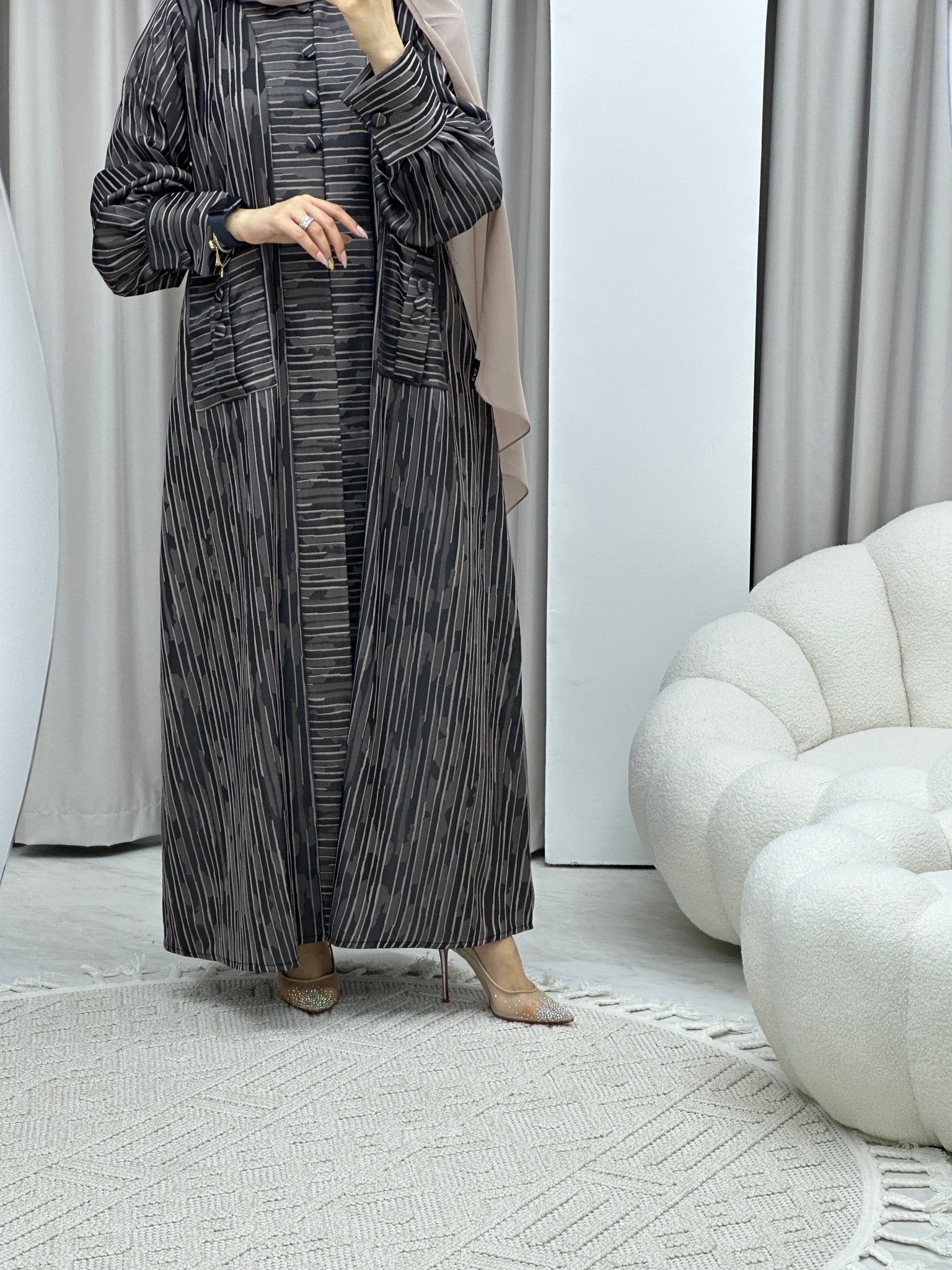 C Stripe Print Beige Abaya