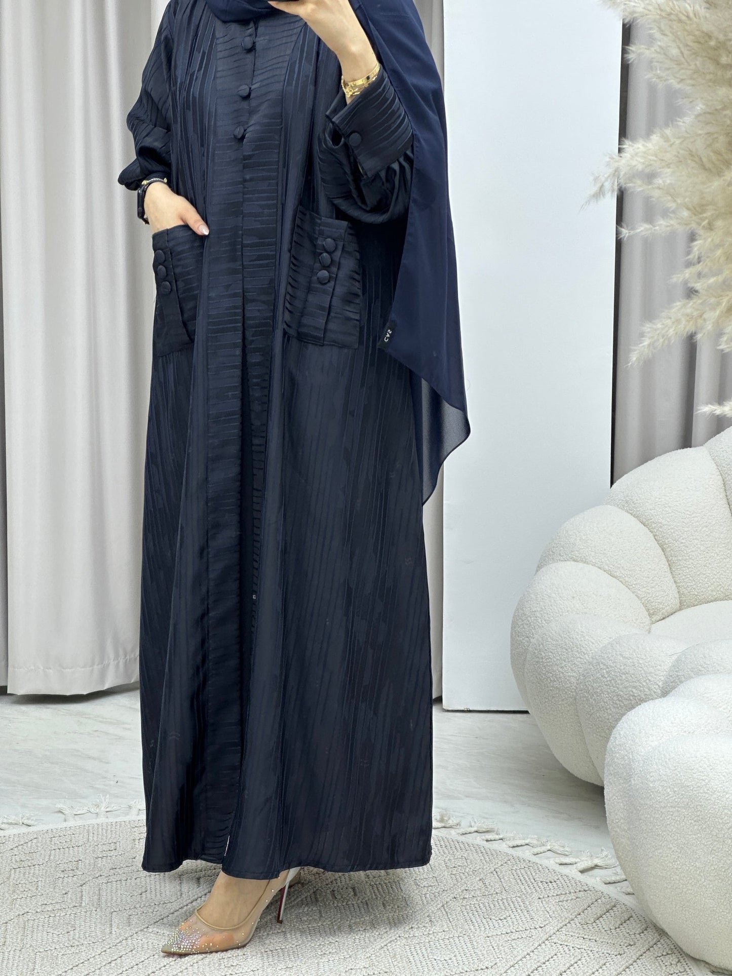 C Stripe Print Navy Blue Abaya