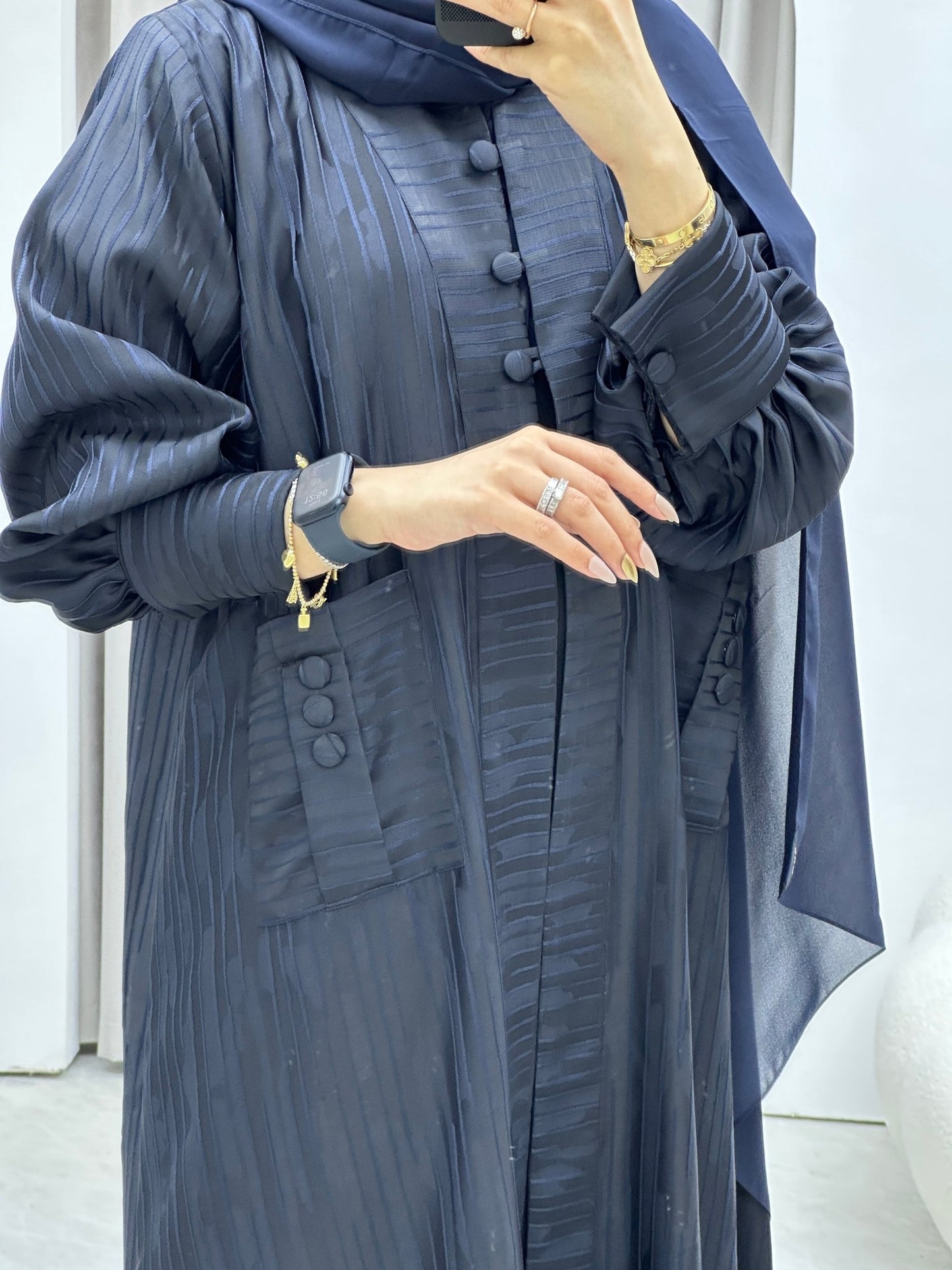 C Stripe Print Navy Blue Abaya