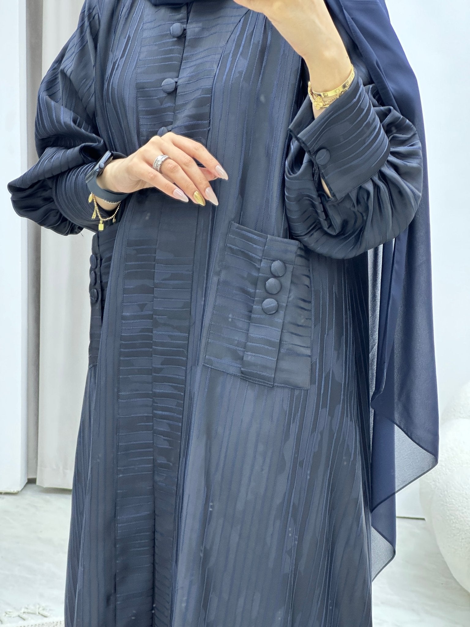 C Stripe Print Navy Blue Abaya