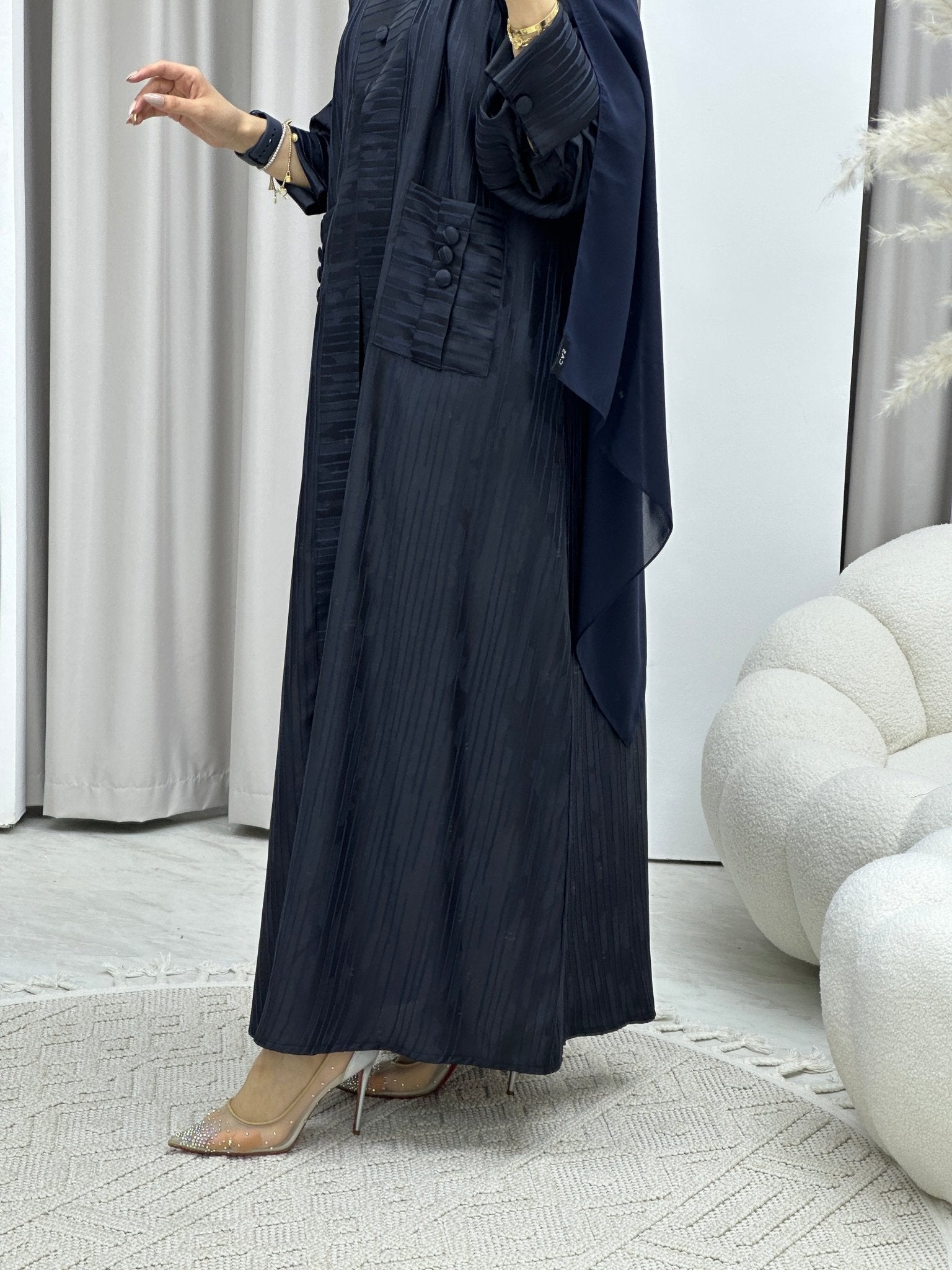 C Stripe Print Navy Blue Abaya