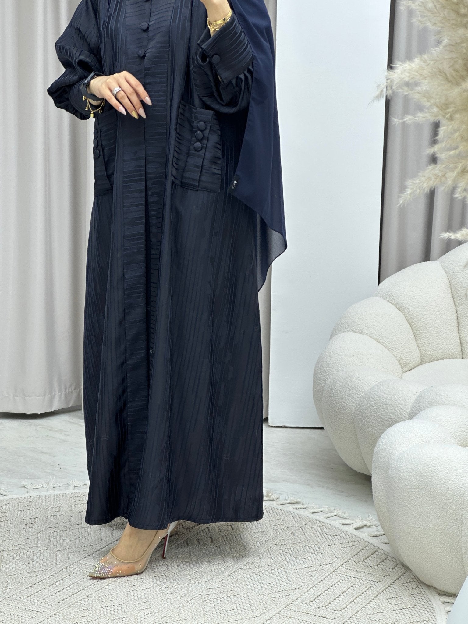 C Stripe Print Navy Blue Abaya