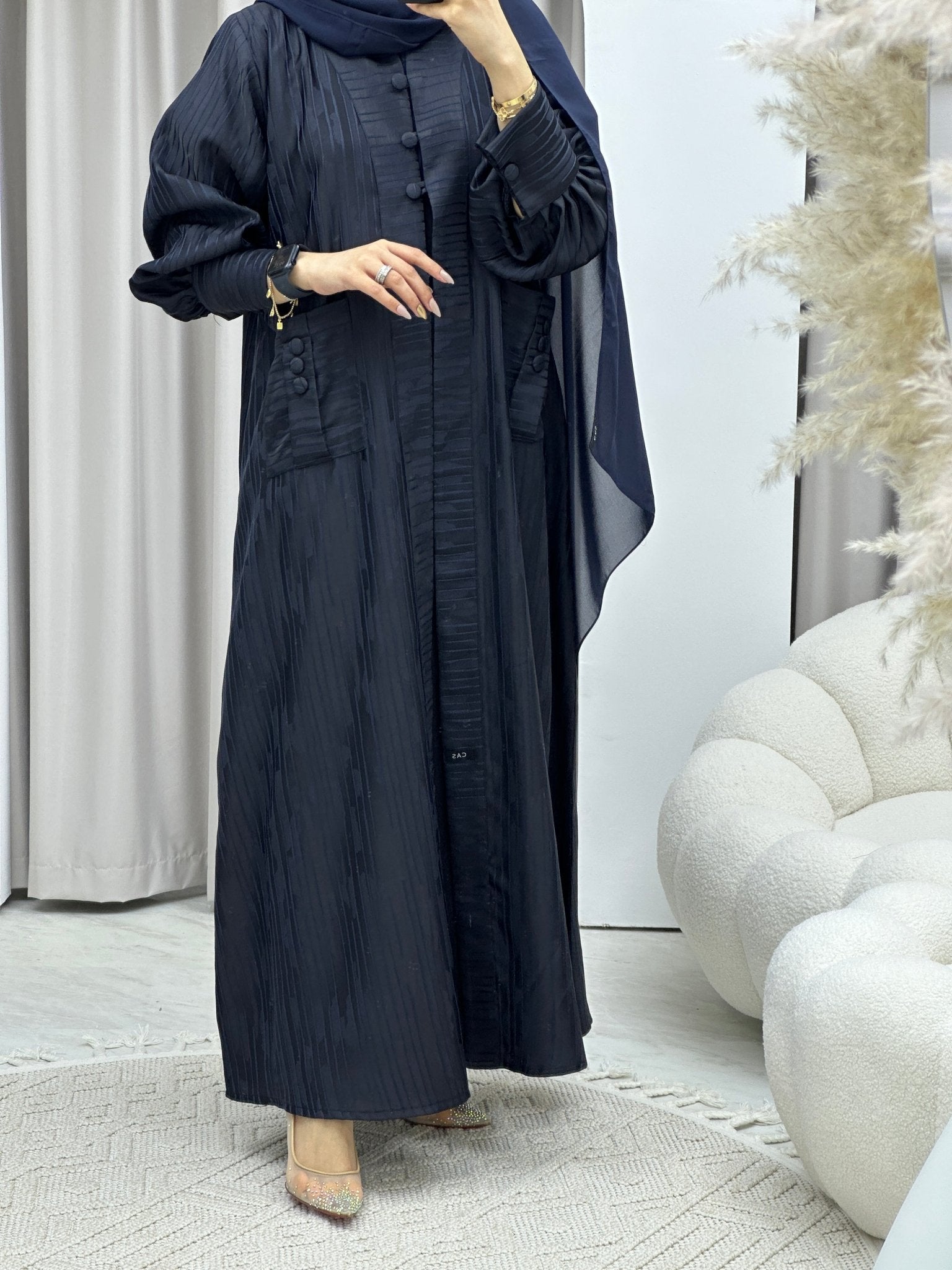 C Stripe Print Navy Blue Abaya