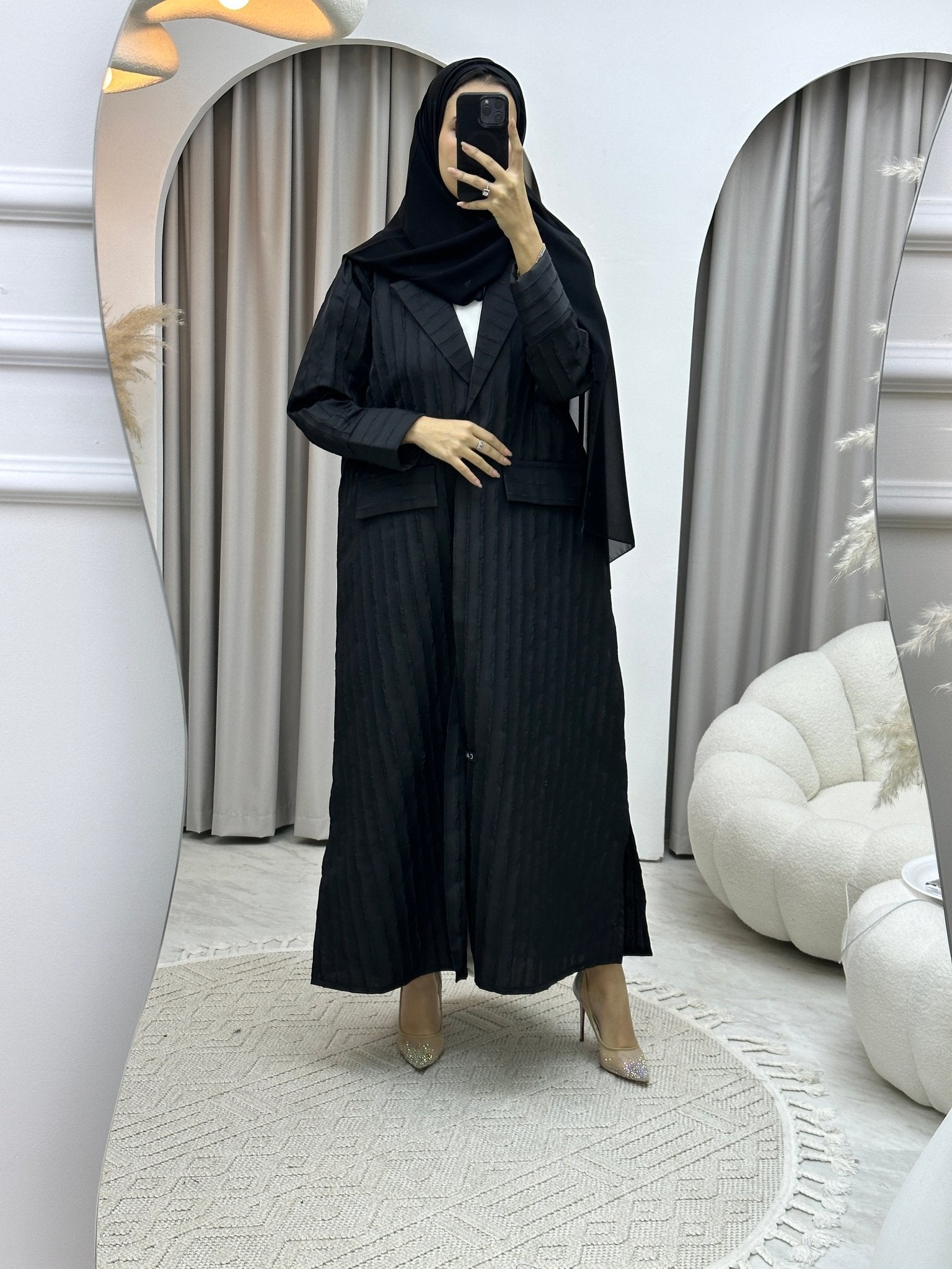 C Striped Black Coat Abaya Set