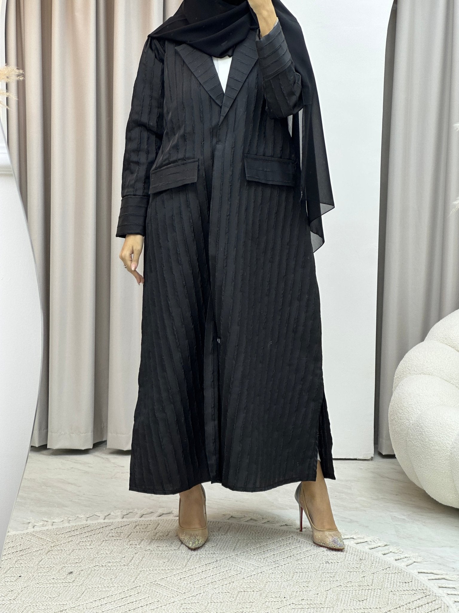 C Striped Black Coat Abaya Set