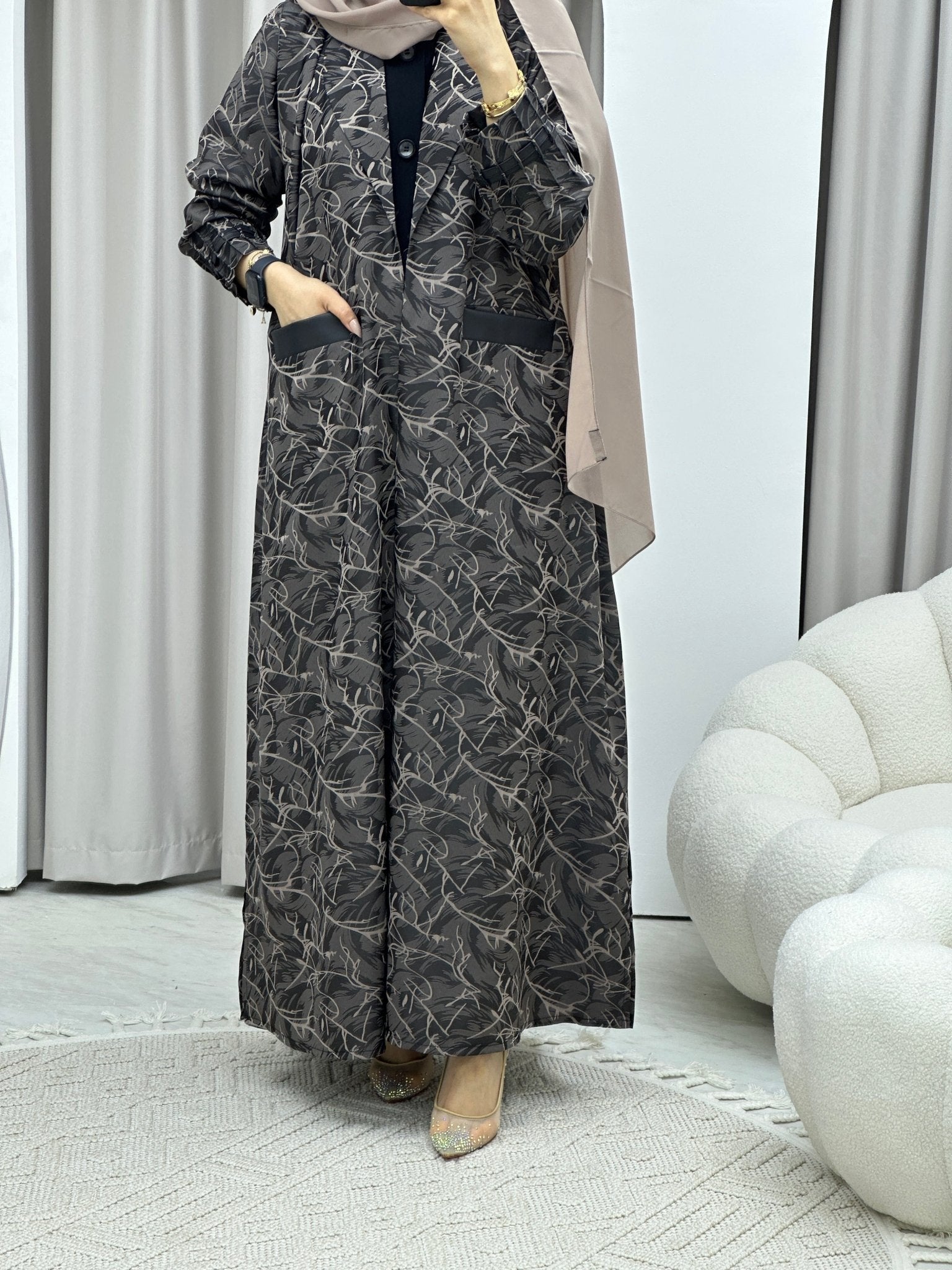 C Swirl Print Beige Coat Abaya