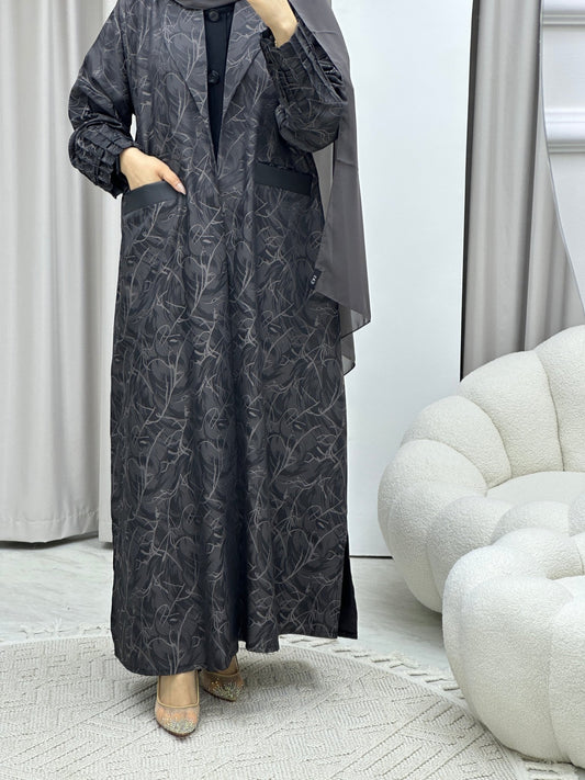 C Swirl Print Grey Coat Abaya