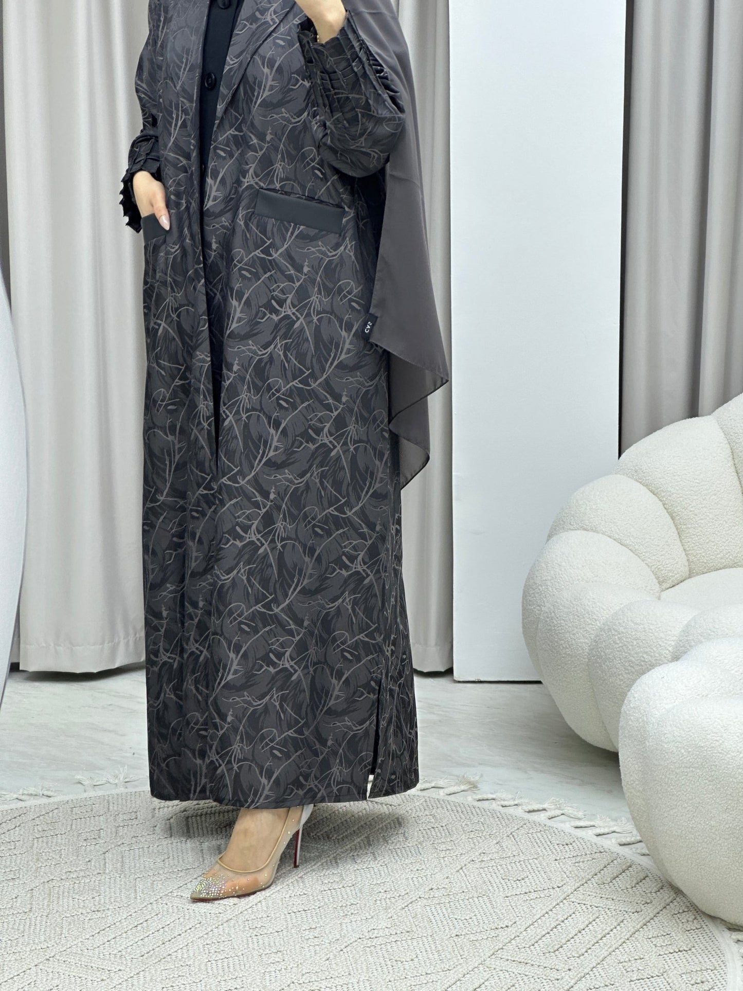 C Swirl Print Grey Coat Abaya