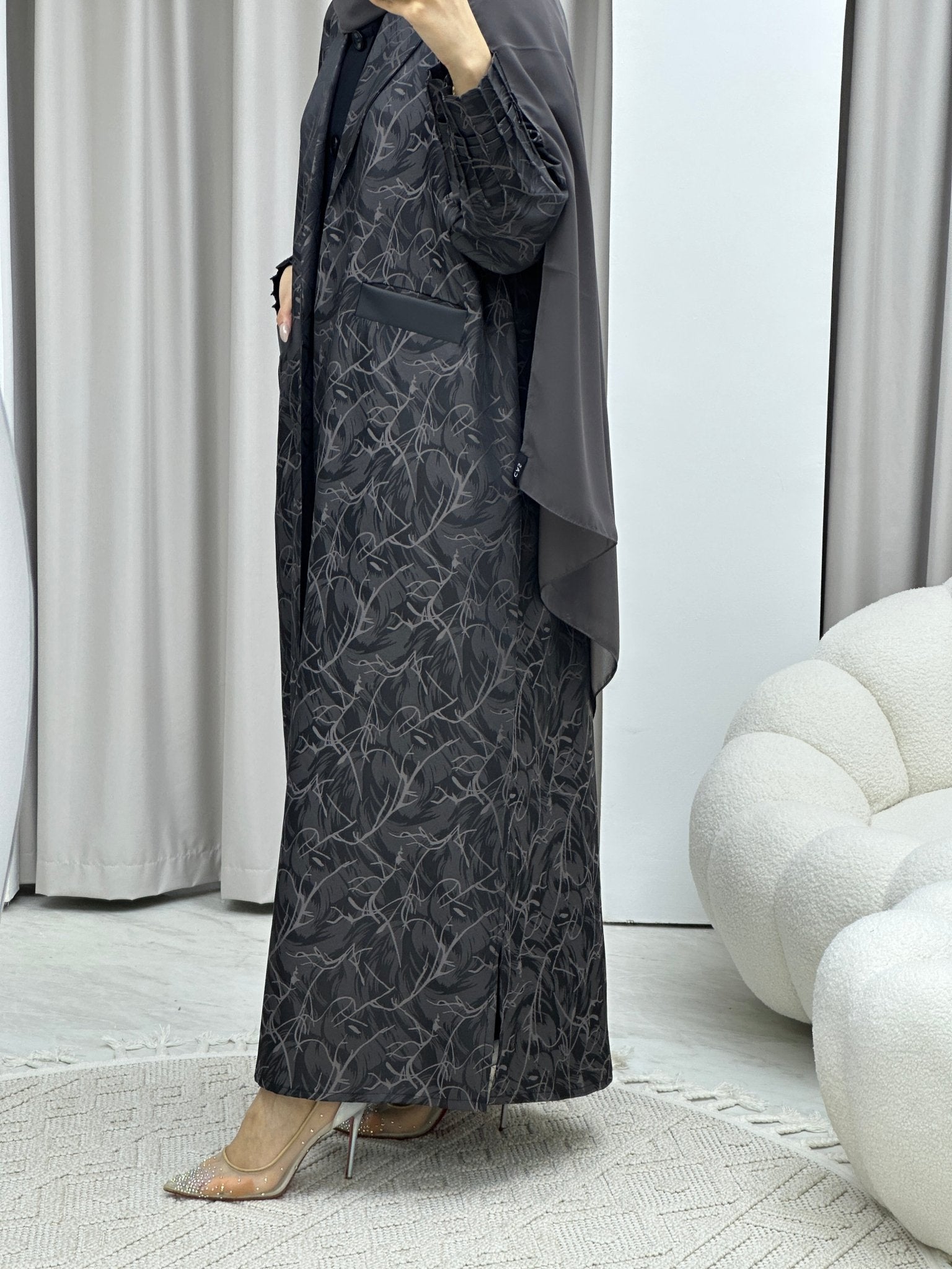 C Swirl Print Grey Coat Abaya