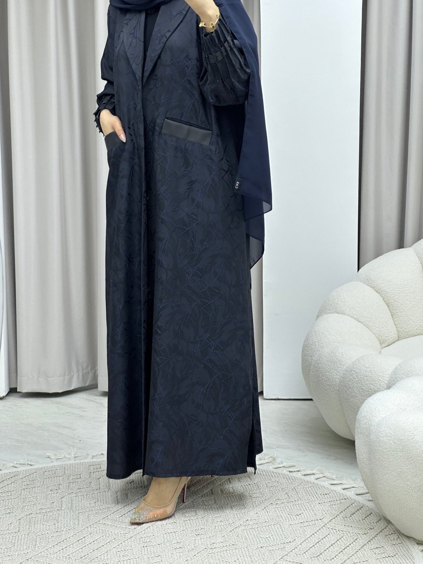 C Swirl Print Navy Blue Coat Abaya