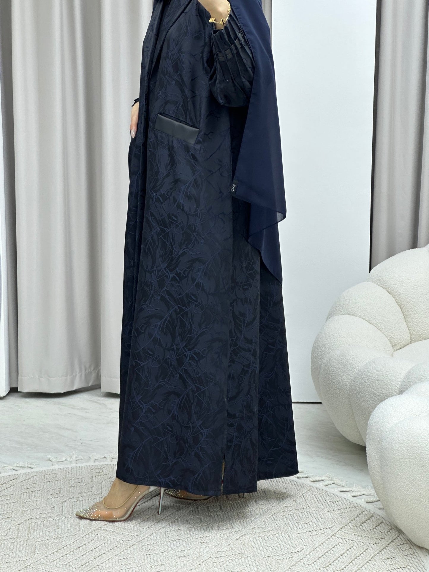 C Swirl Print Navy Blue Coat Abaya