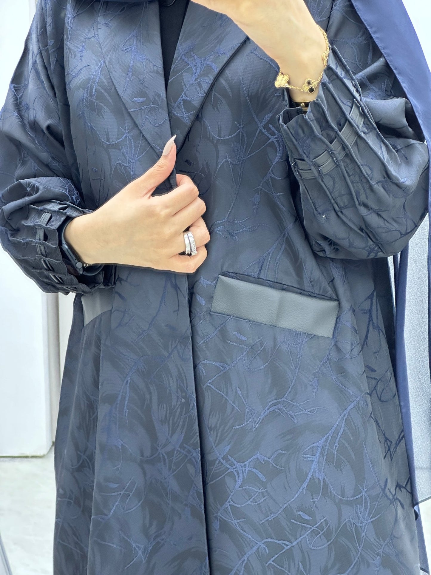 C Swirl Print Navy Blue Coat Abaya