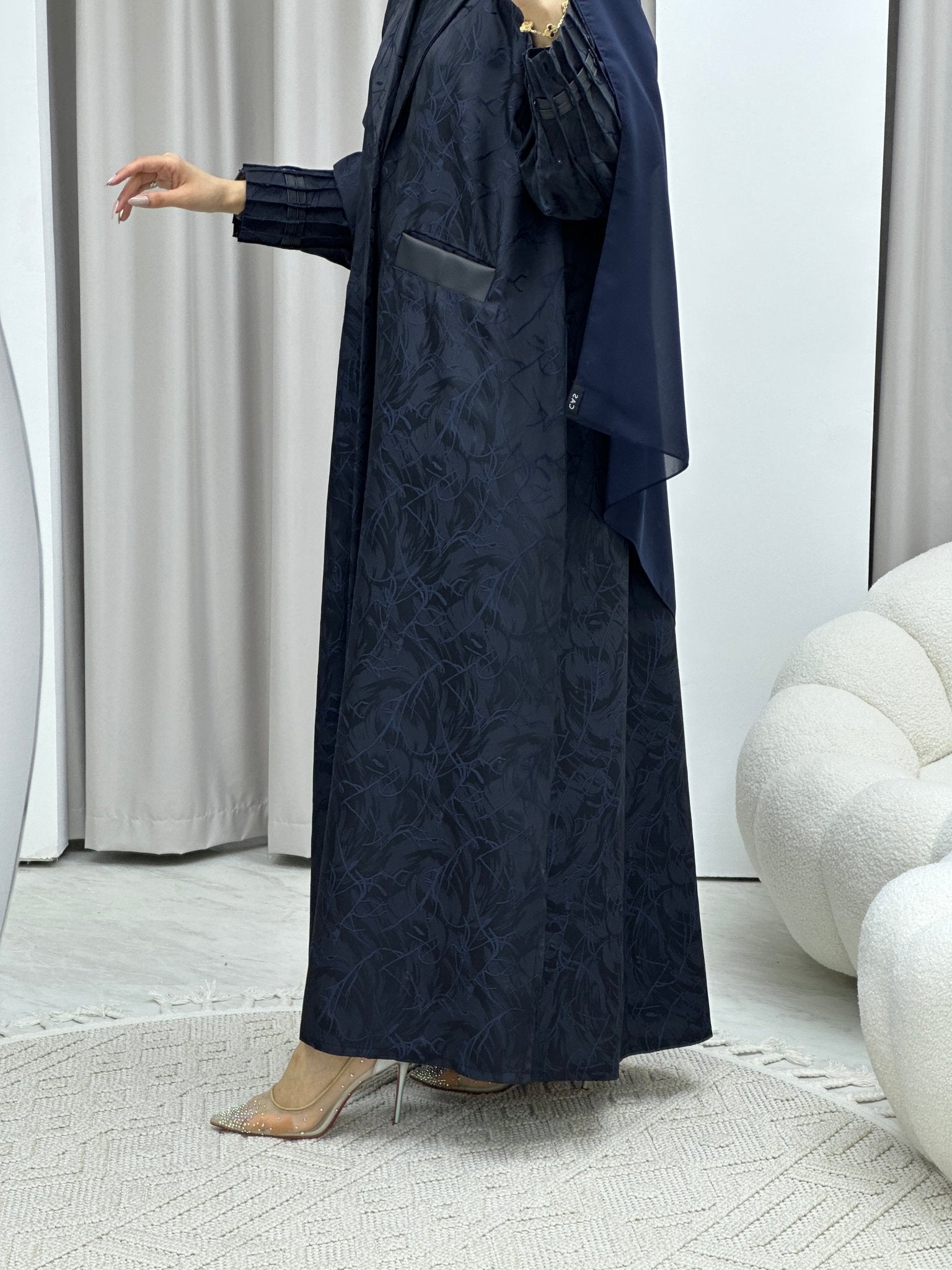 C Swirl Print Navy Blue Coat Abaya