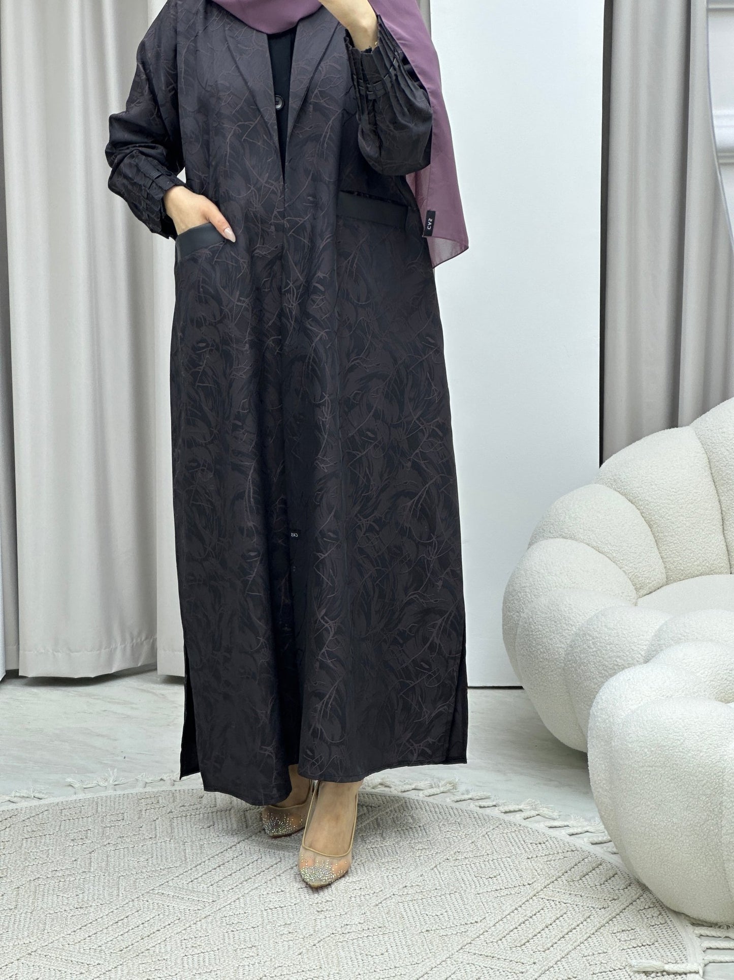 C Swirl Print Purple Coat Abaya