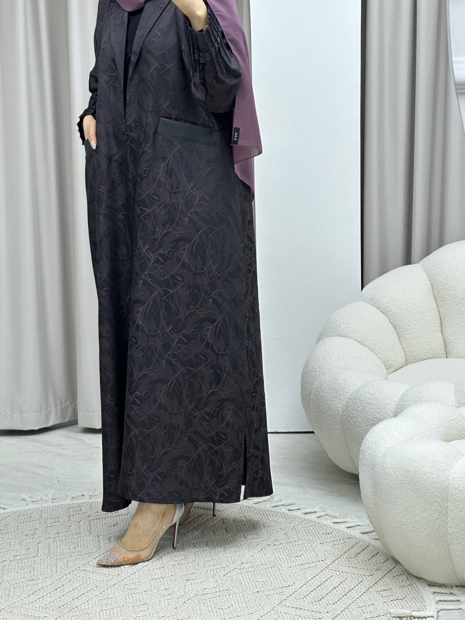 C Swirl Print Purple Coat Abaya