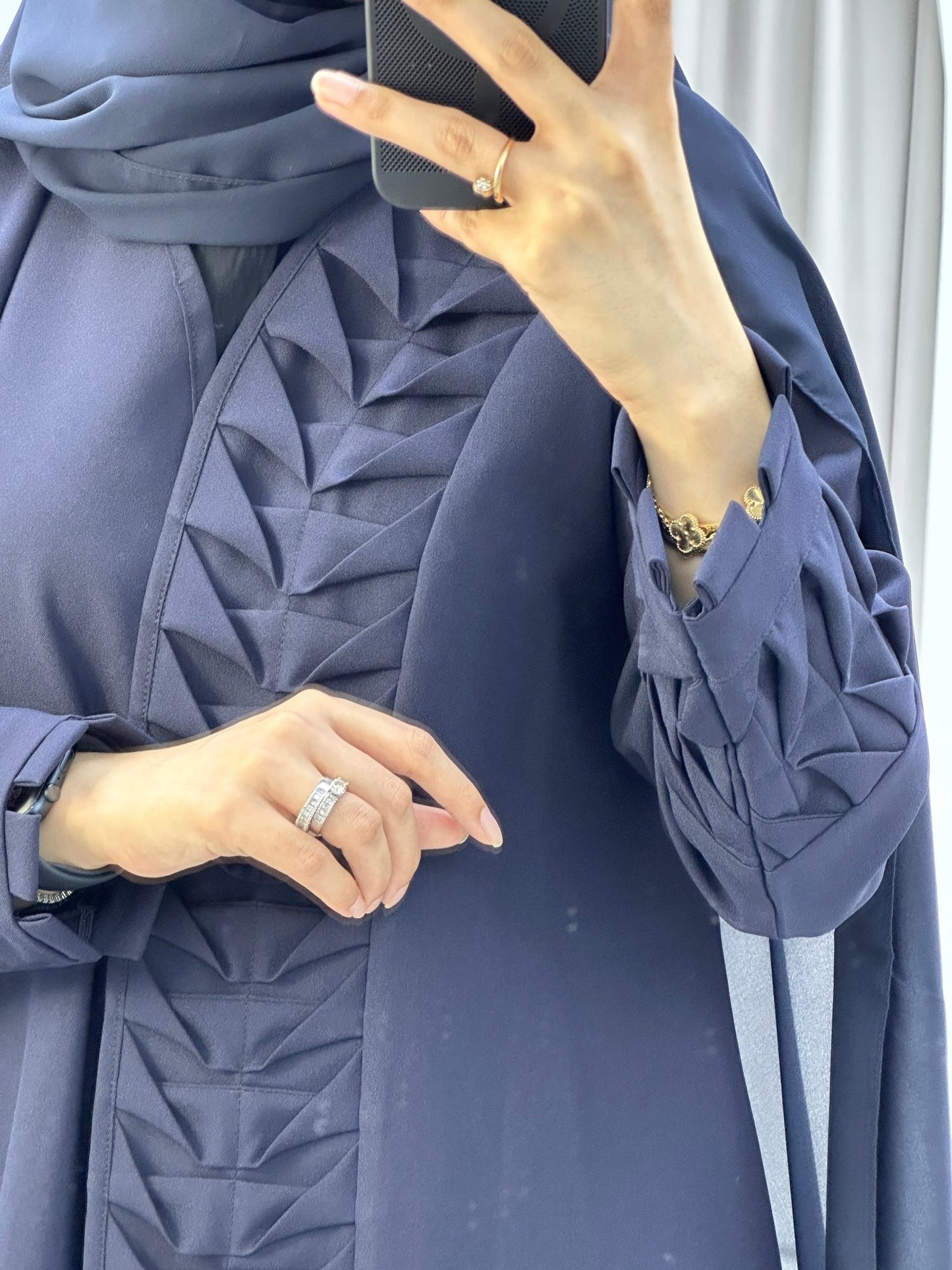 C Triangle Pleats Navy Blue Abaya Set