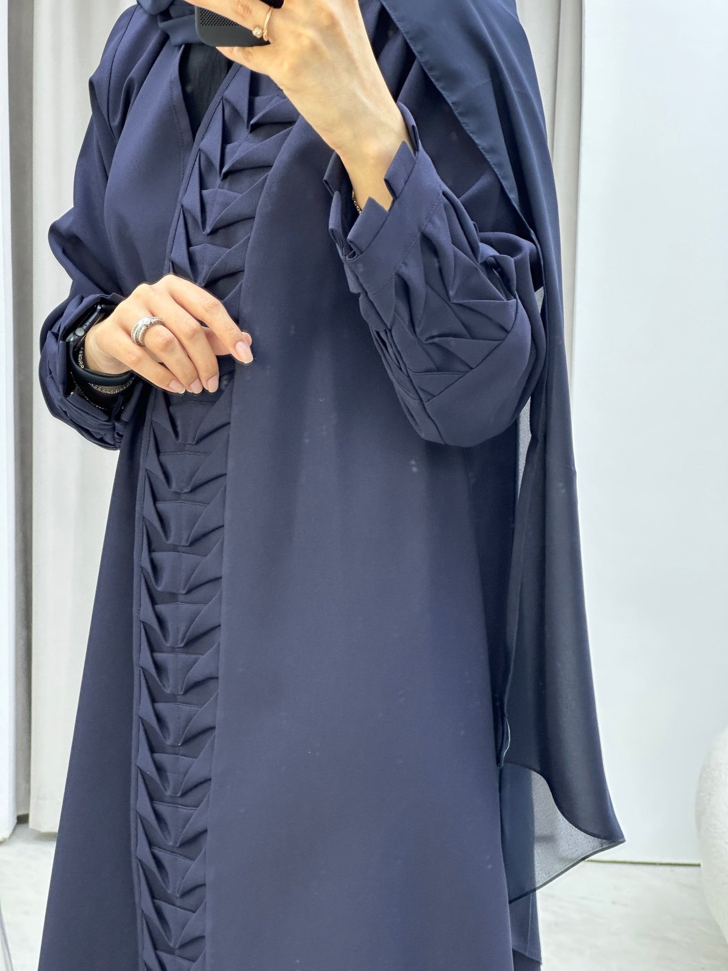 C Triangle Pleats Navy Blue Abaya Set