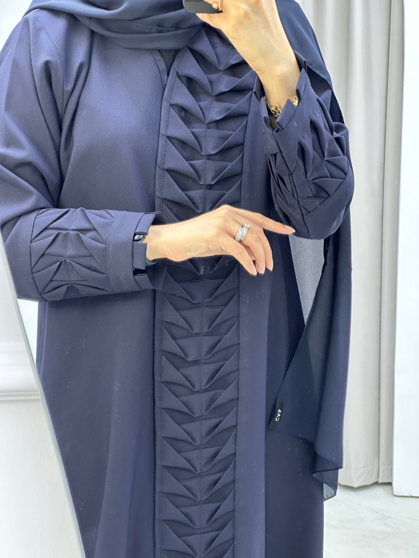 C Triangle Pleats Navy Blue Abaya Set