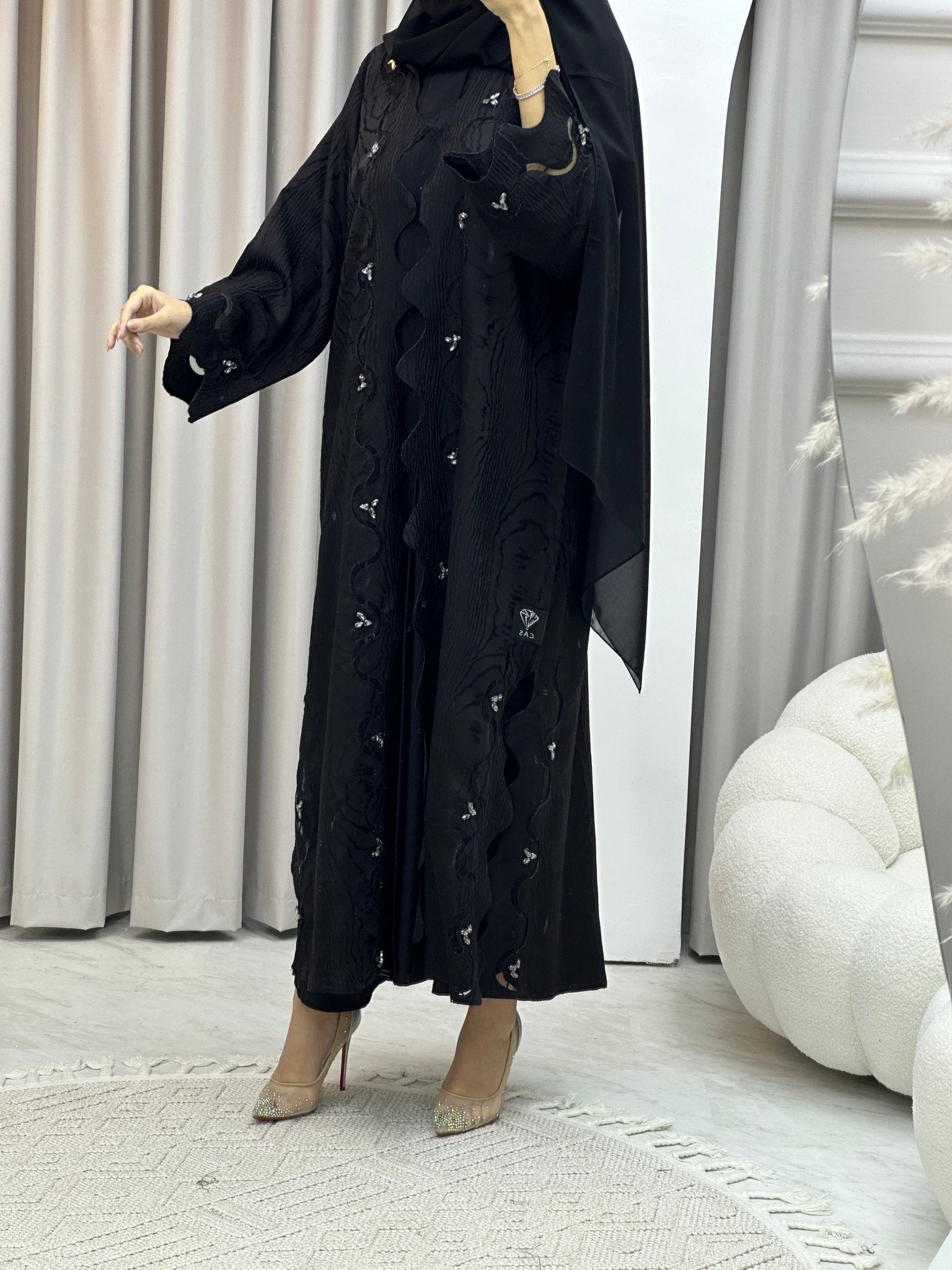 C Wave Black Jacquard Abaya Set