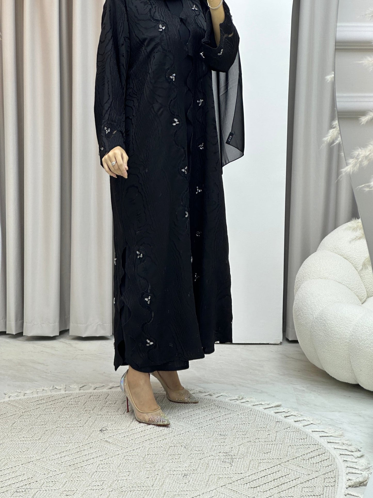 C Wave Black Jacquard Abaya Set