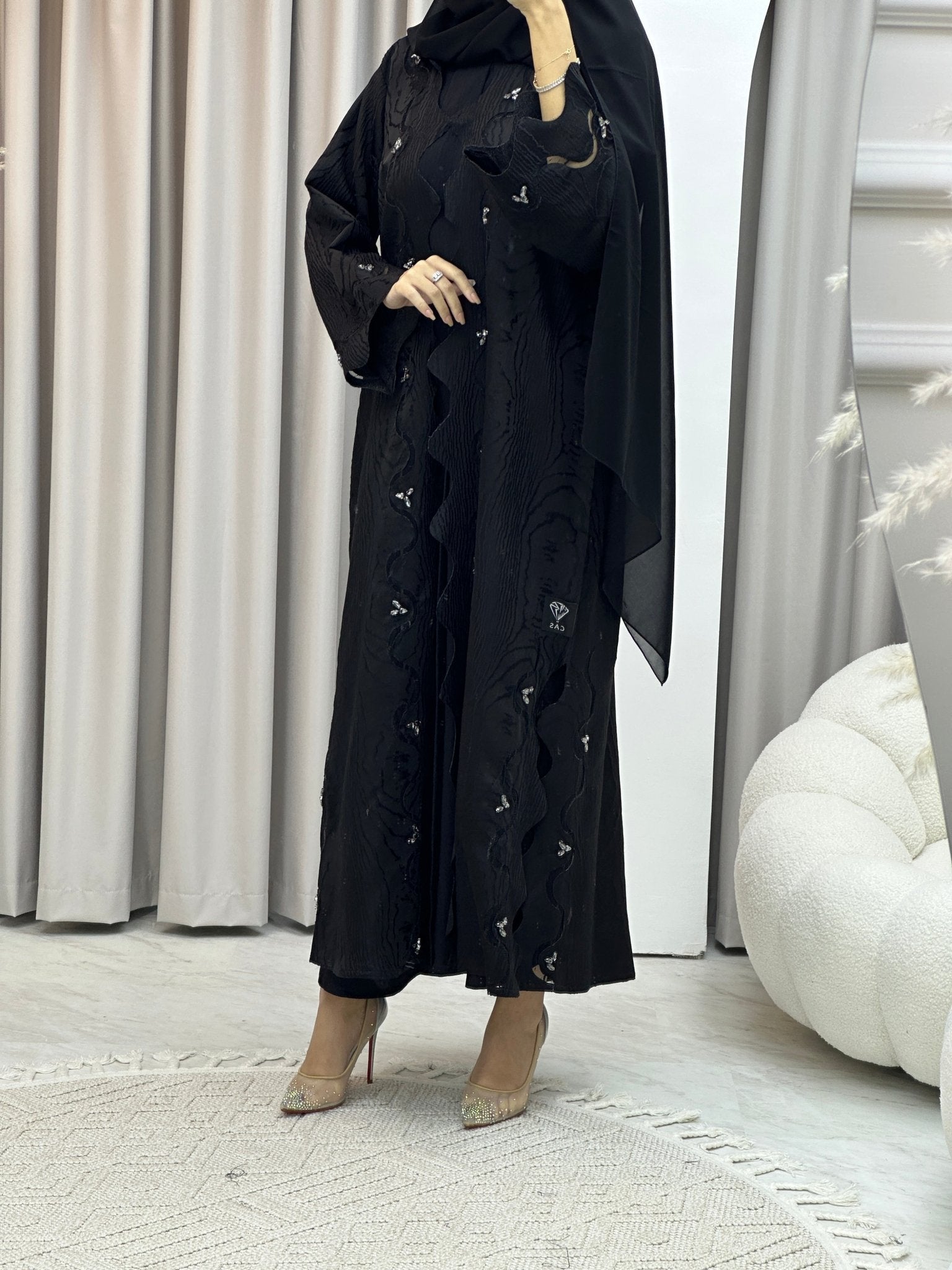 C Wave Black Jacquard Abaya Set