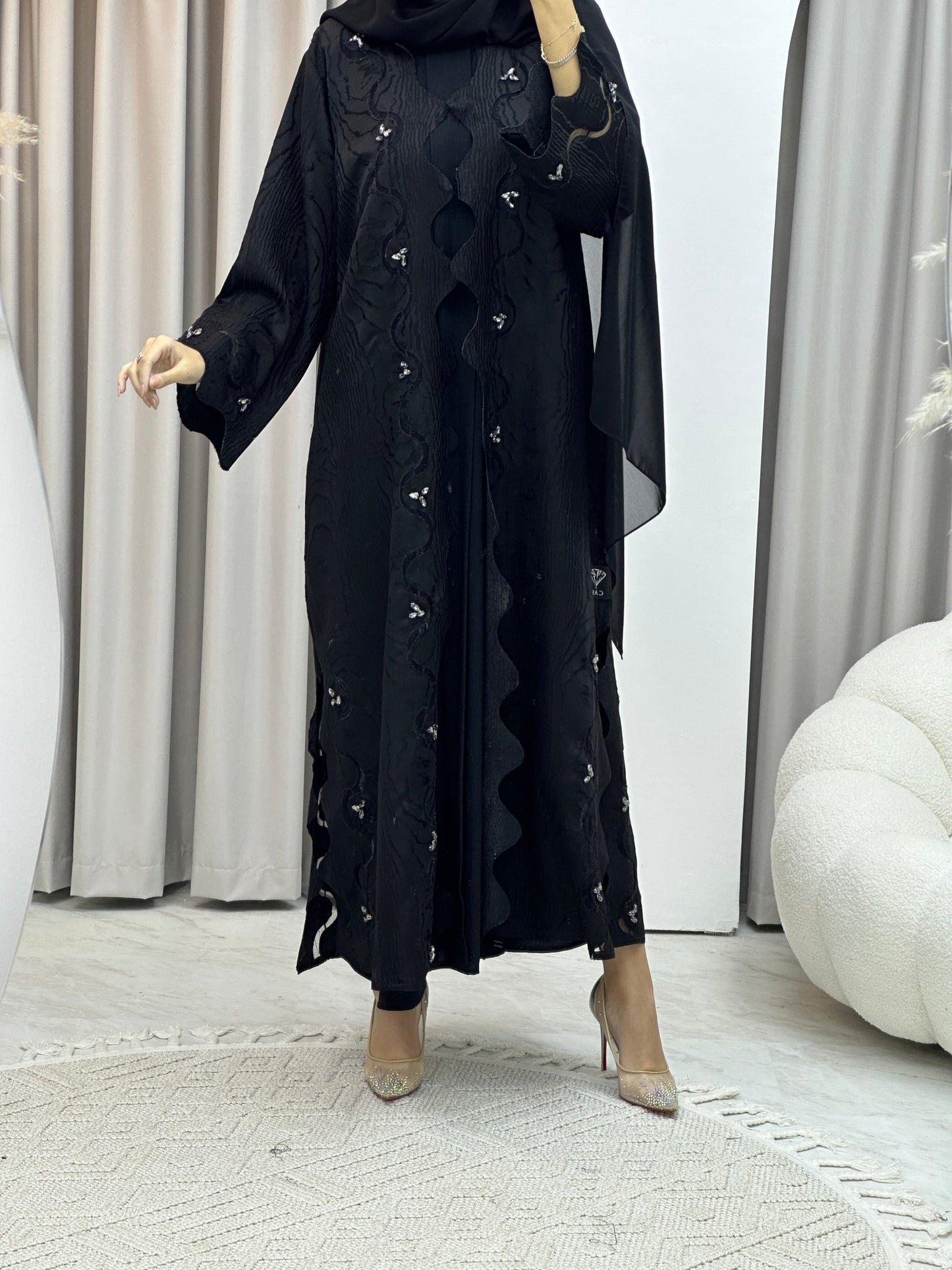 C Wave Black Jacquard Abaya Set