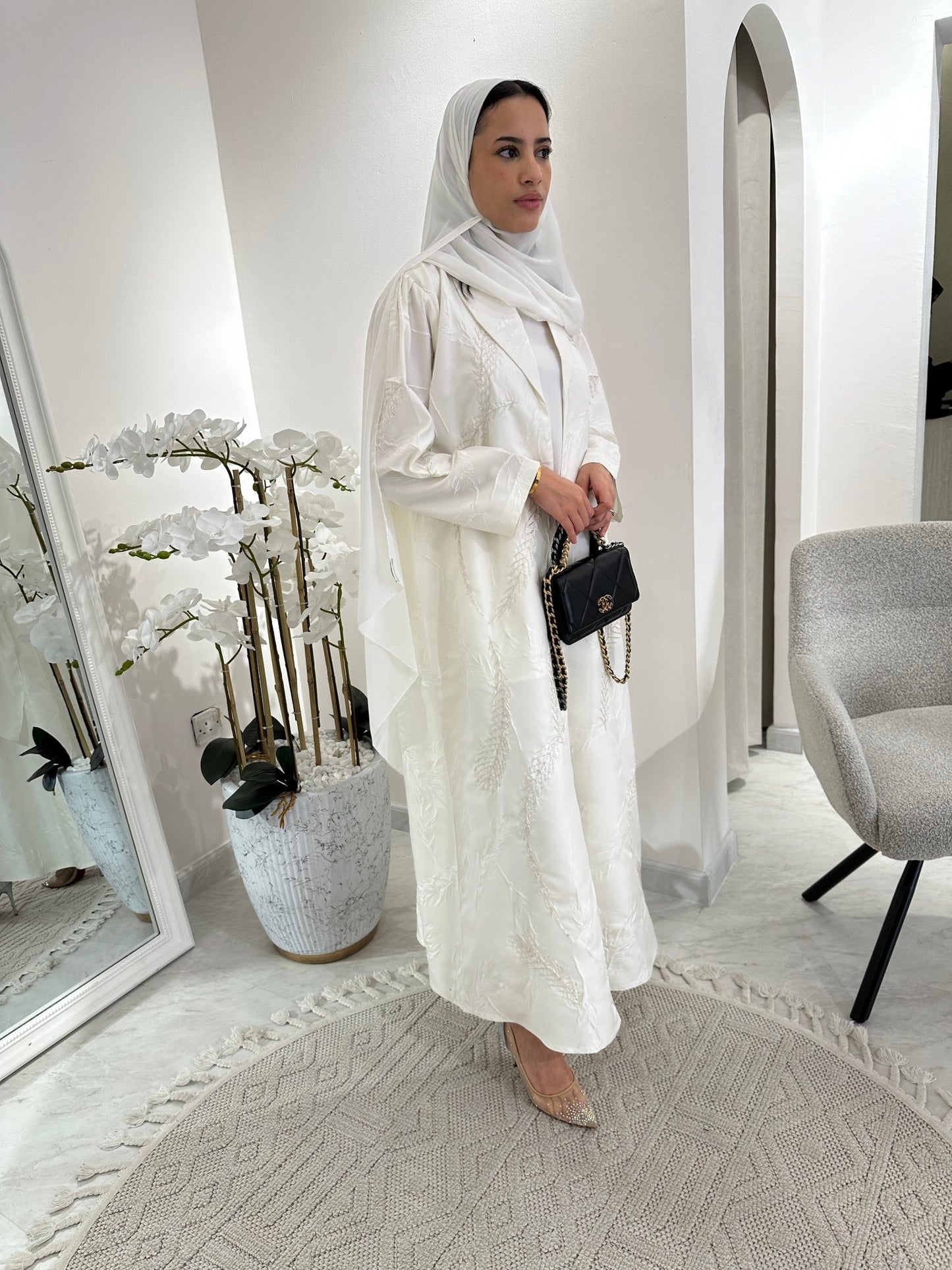 C White Feather Jacquard Eid Abaya