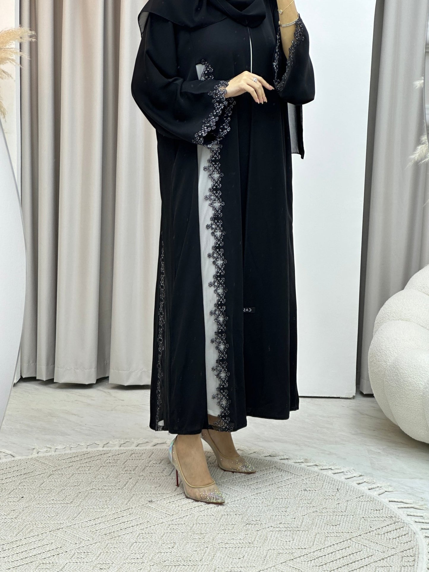 C White Floral Lace Black Abaya Set