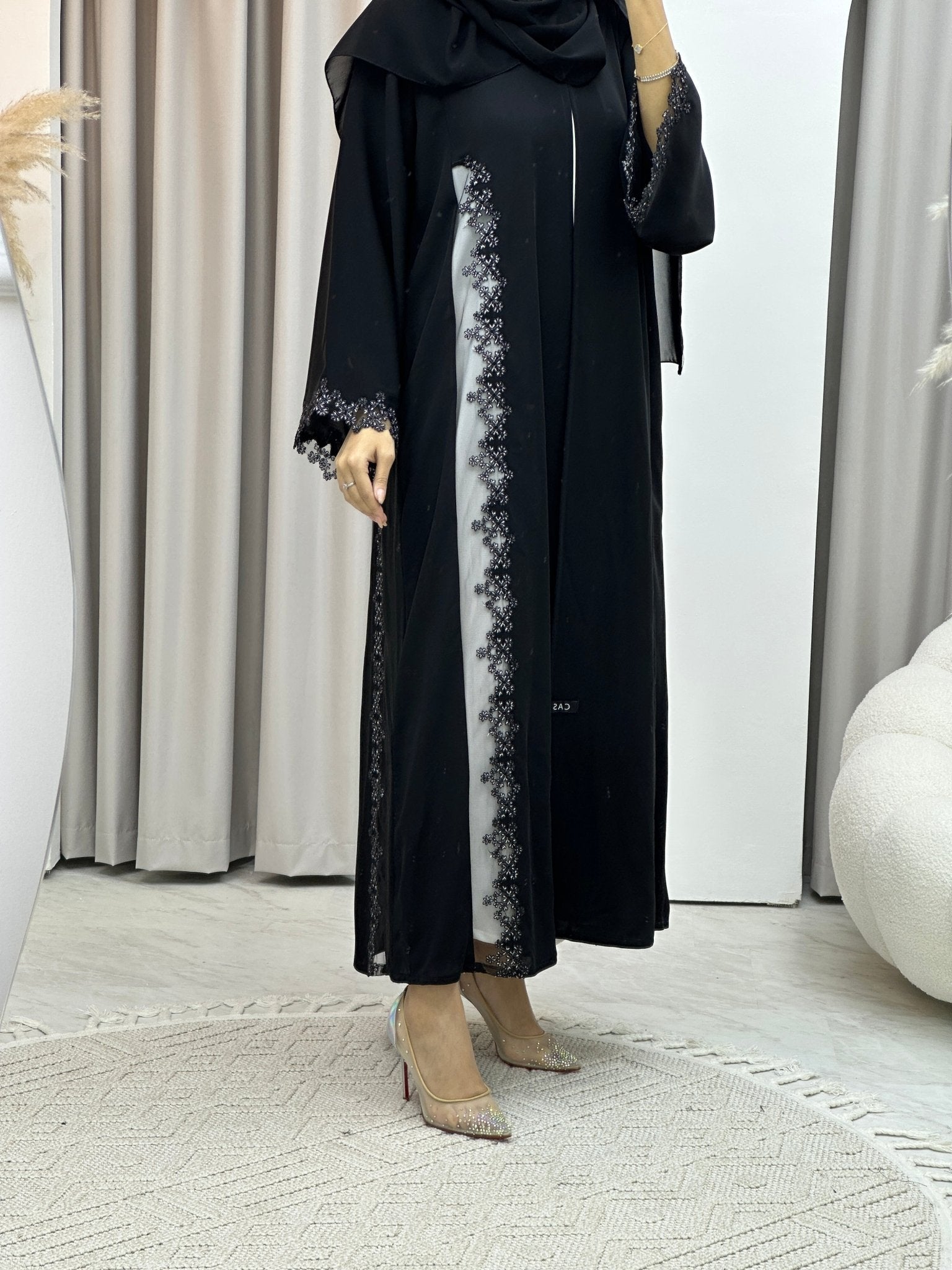 C White Floral Lace Black Abaya Set