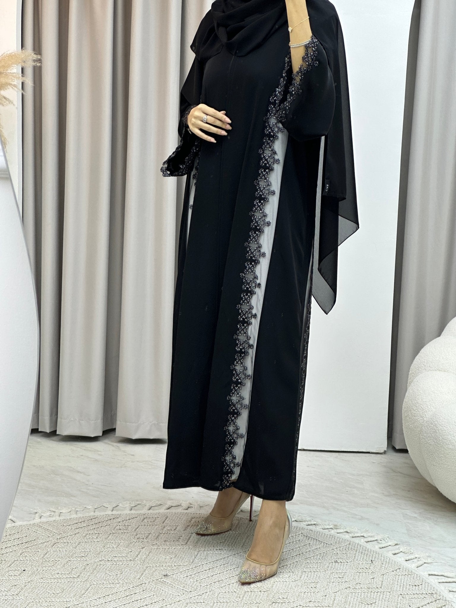 C White Floral Lace Black Abaya Set